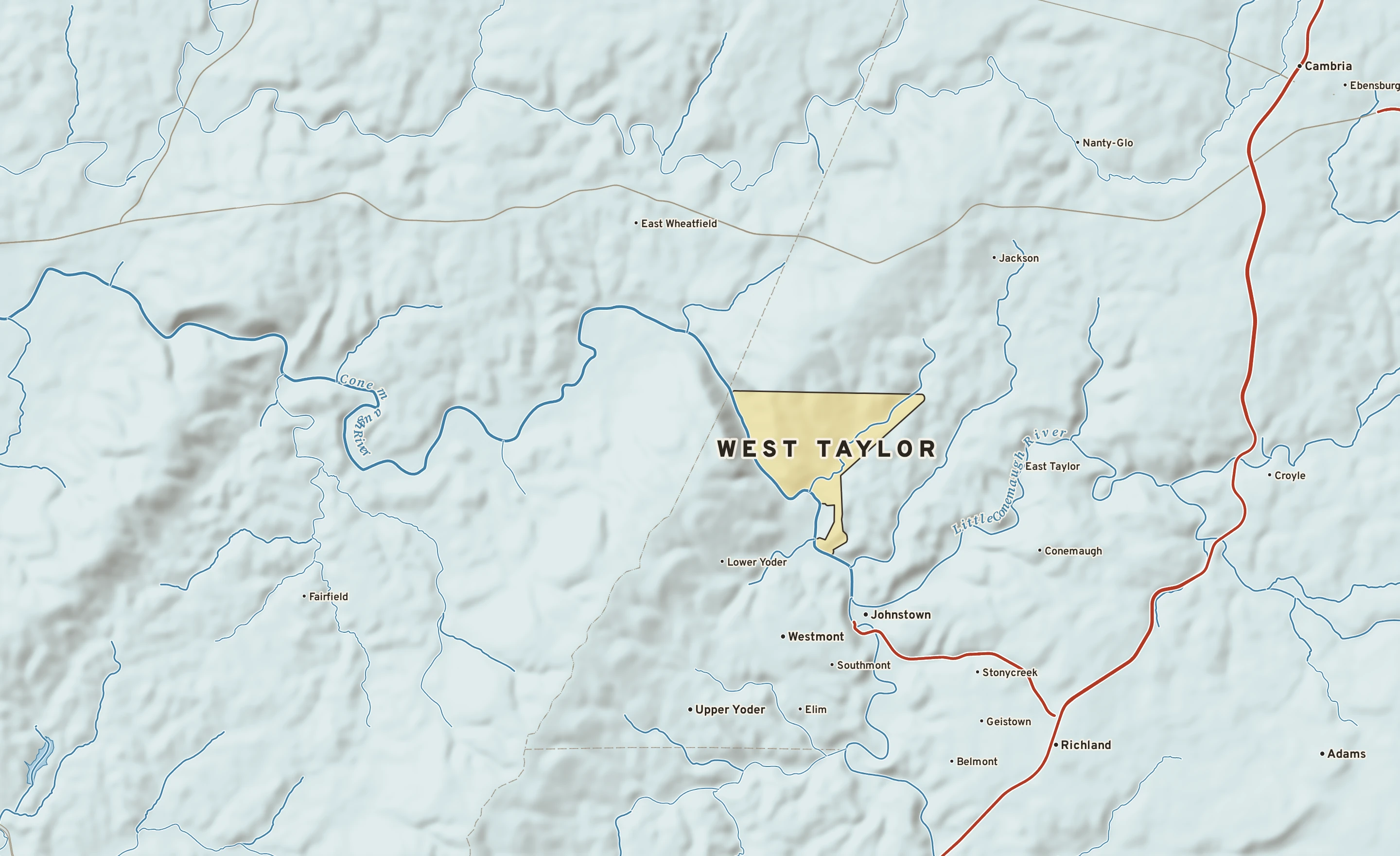 Shaded-relief atlas plate of West Taylor, Pennsylvania: rivers, roads, the city limits and where the water drains.