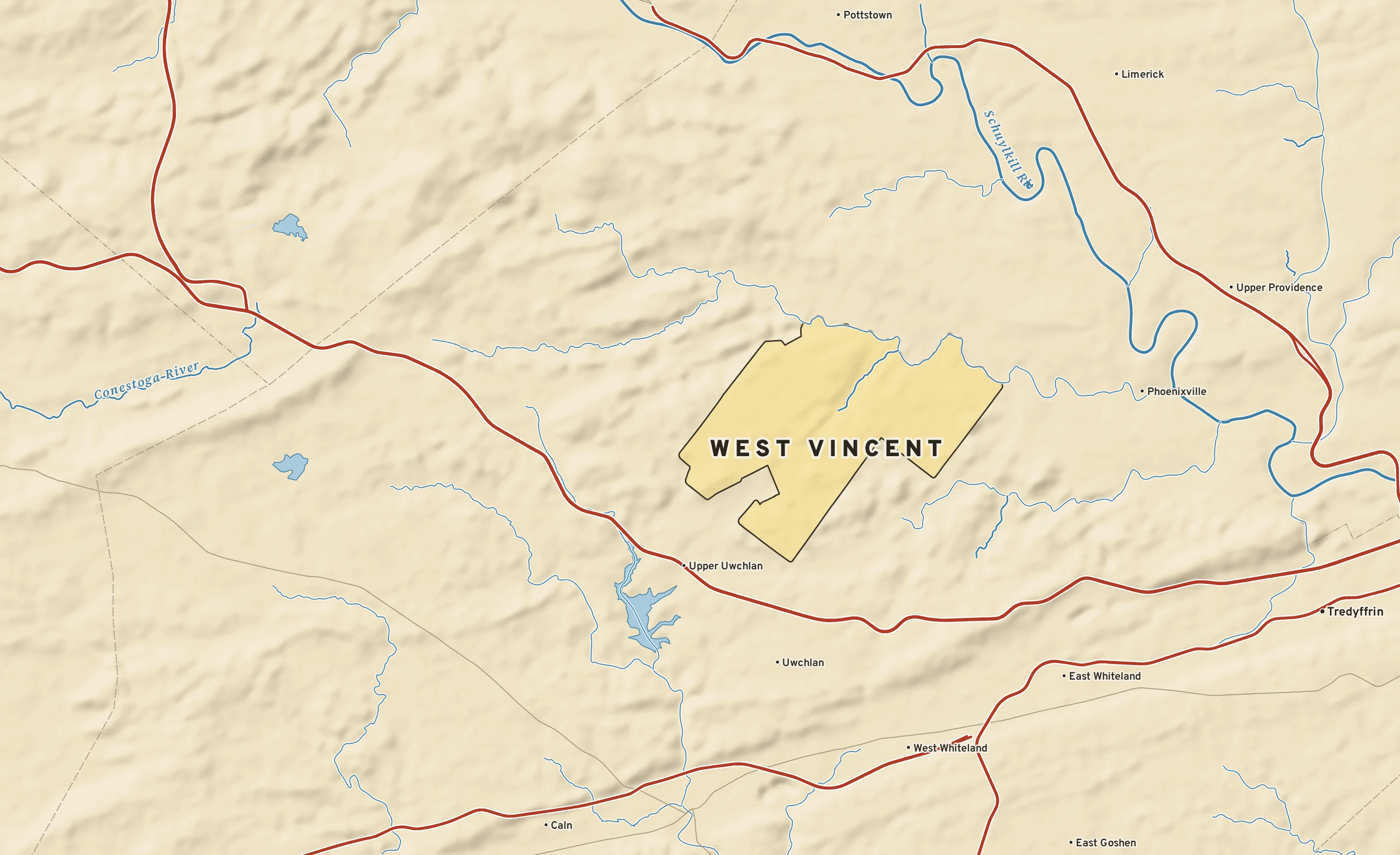 Shaded-relief atlas plate of West Vincent, Pennsylvania: rivers, roads, the city limits and where the water drains.