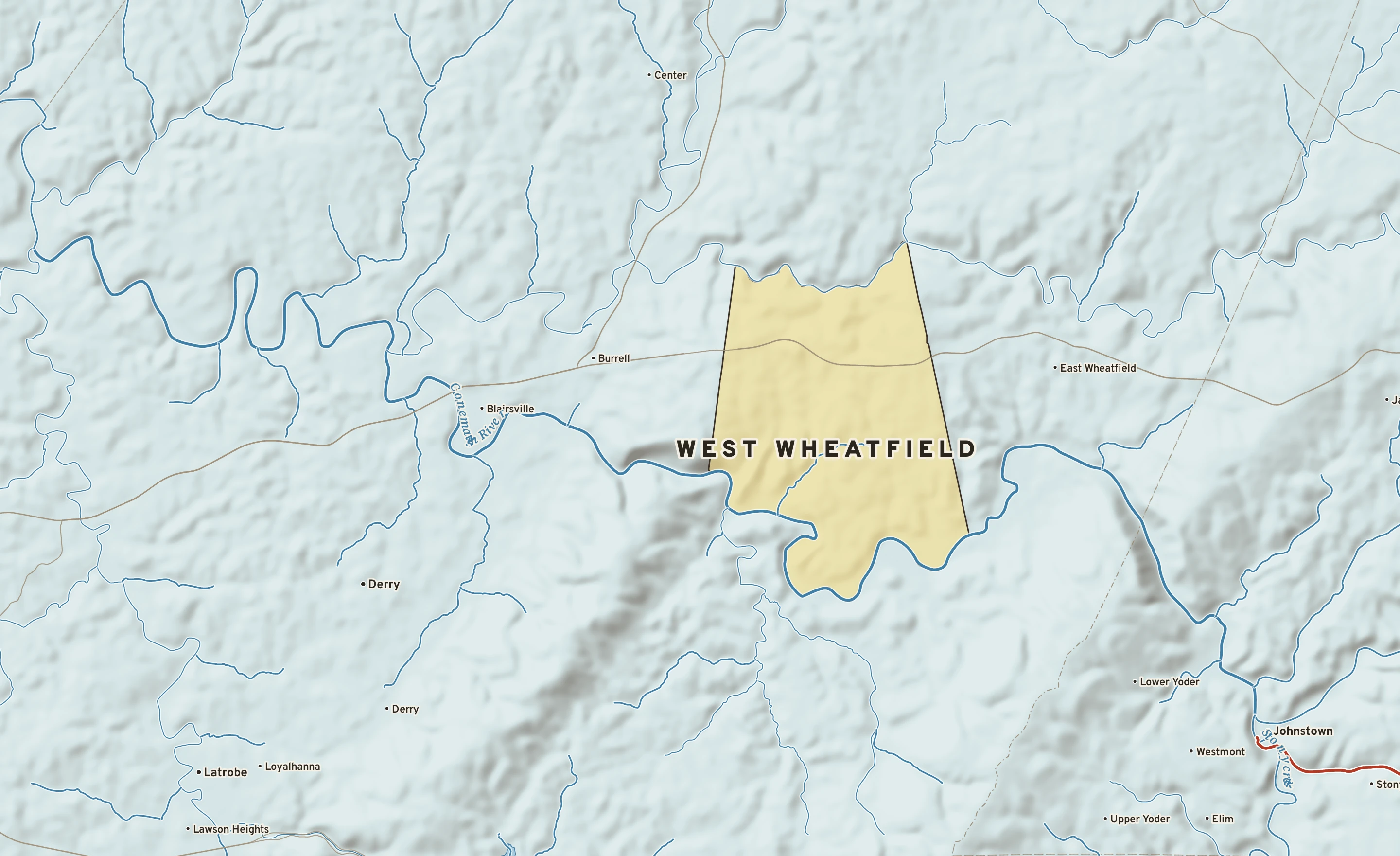 Shaded-relief atlas plate of West Wheatfield, Pennsylvania: rivers, roads, the city limits and where the water drains.