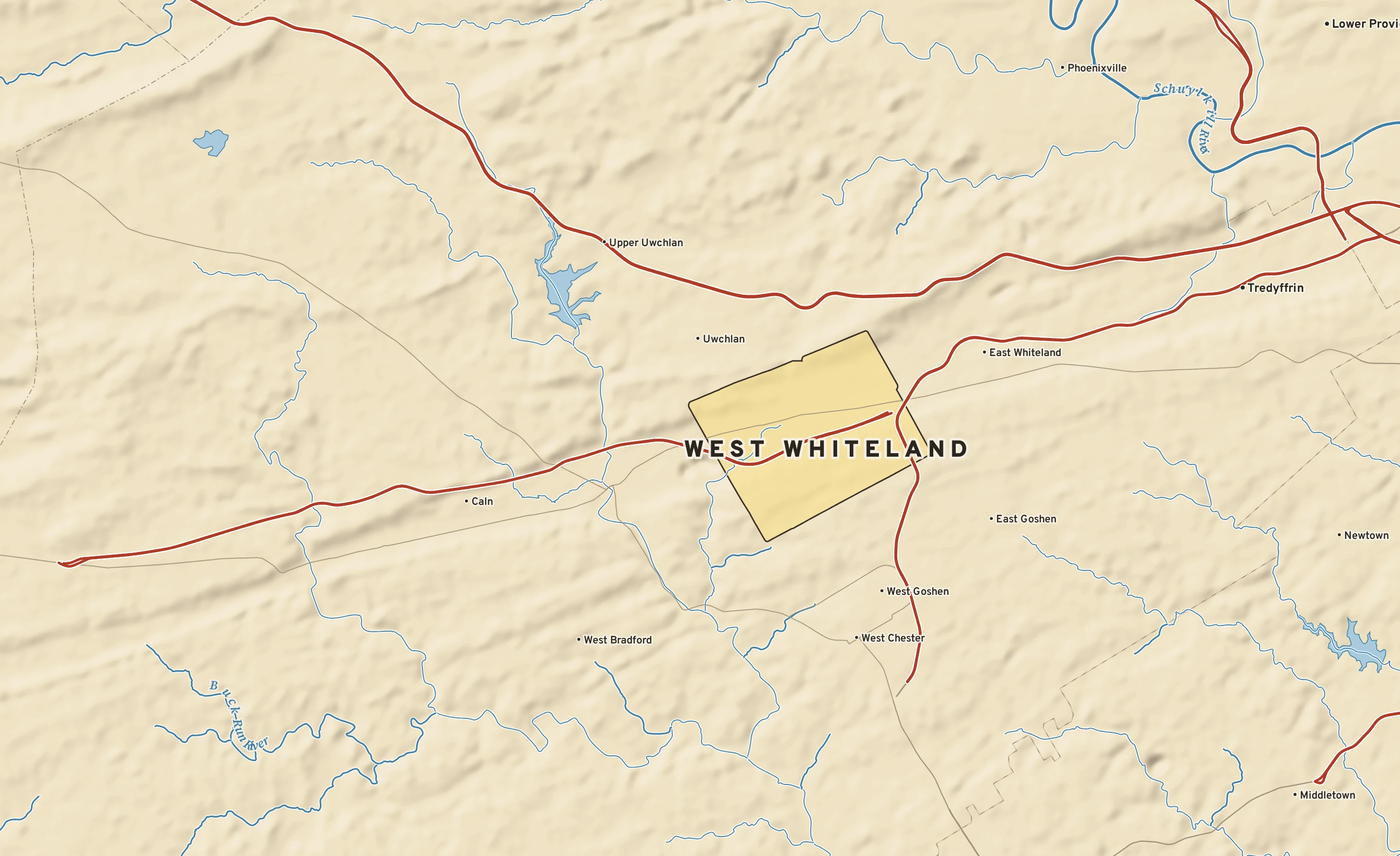 Shaded-relief atlas plate of West Whiteland, Pennsylvania: rivers, roads, the city limits and where the water drains.