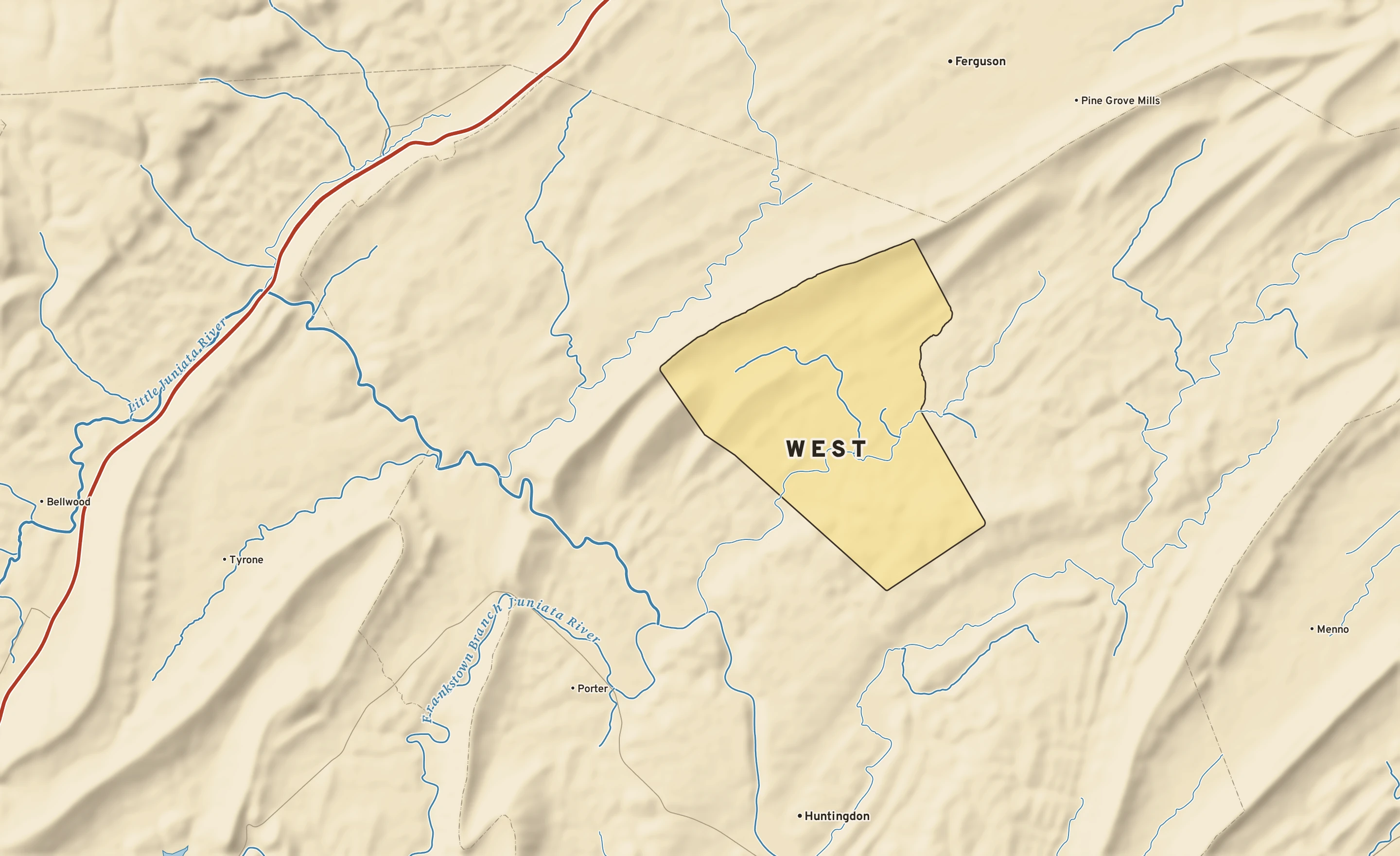 Shaded-relief atlas plate of West, Pennsylvania: rivers, roads, the city limits and where the water drains.