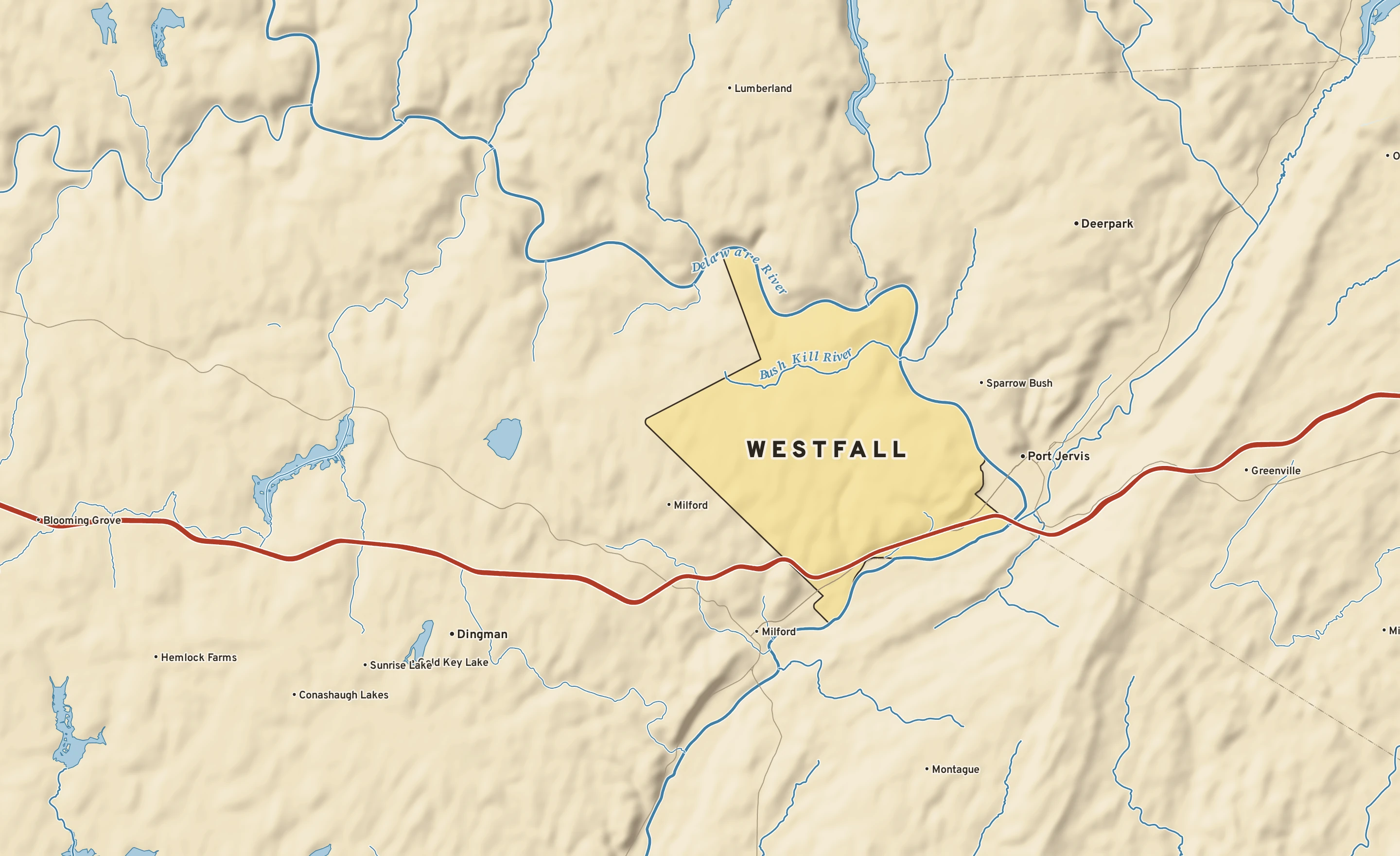 Shaded-relief atlas plate of Westfall, Pennsylvania: rivers, roads, the city limits and where the water drains.