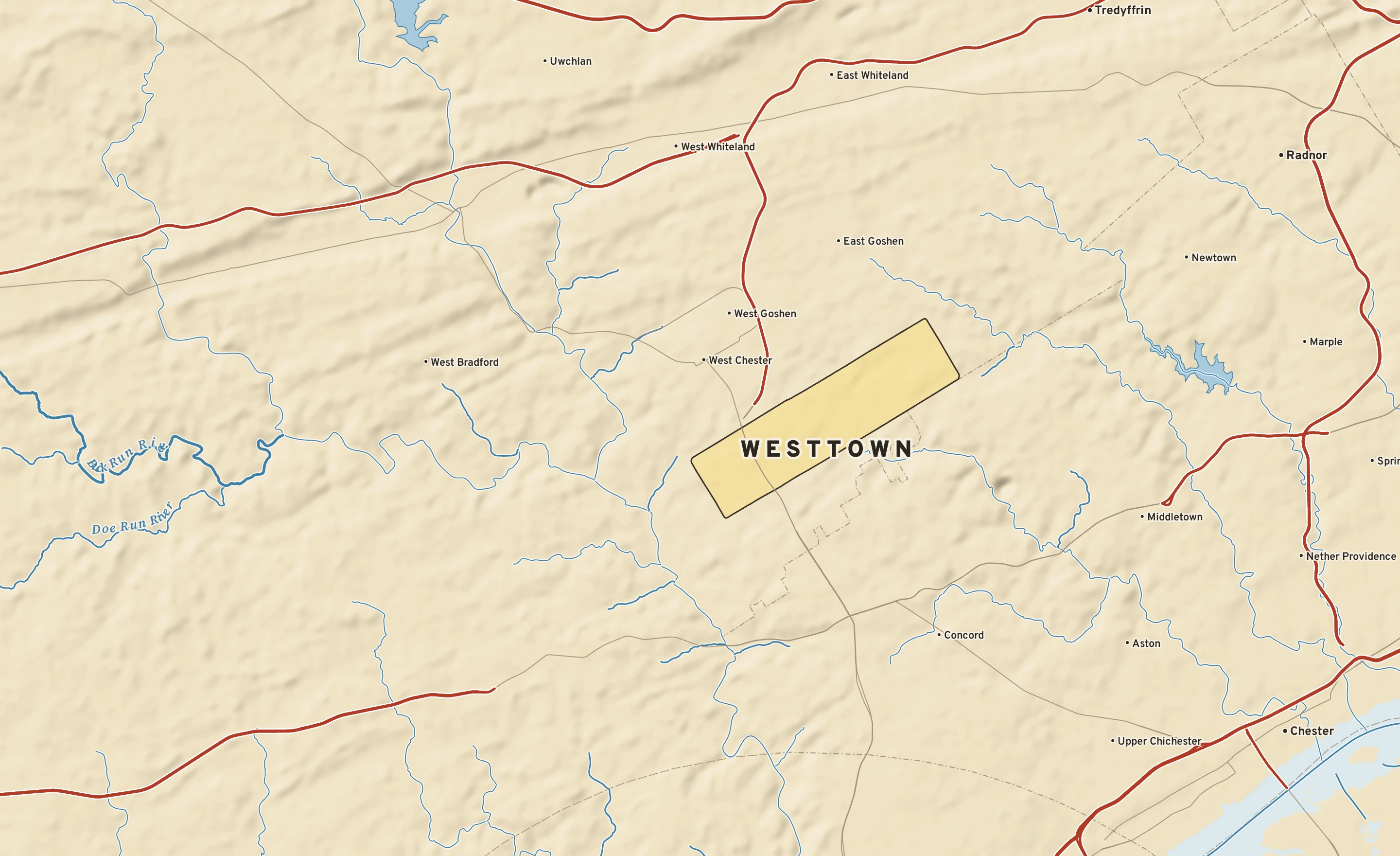 Shaded-relief atlas plate of Westtown, Pennsylvania: rivers, roads, the city limits and where the water drains.