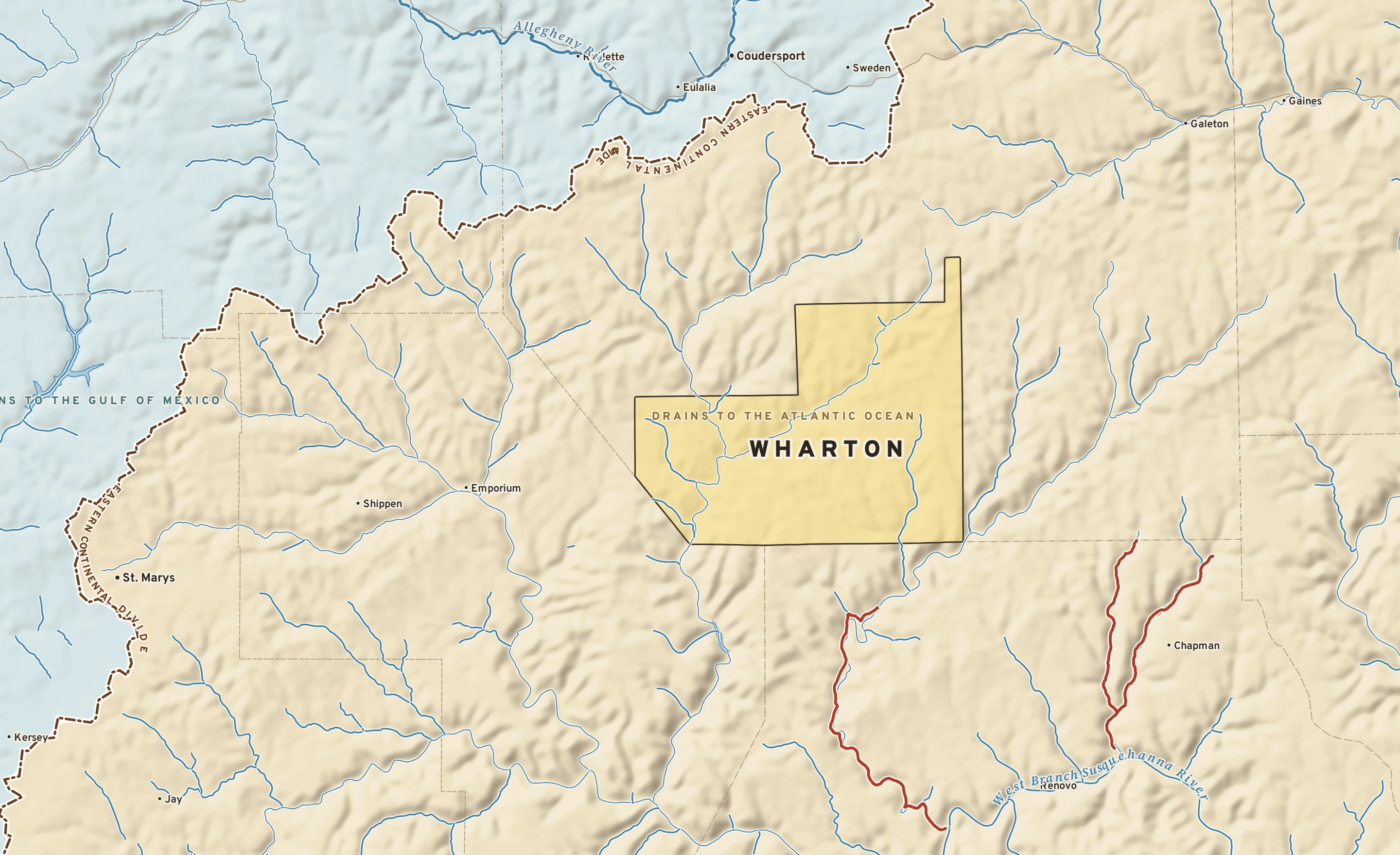 Shaded-relief atlas plate of Wharton, Pennsylvania: rivers, roads, the city limits and where the water drains.