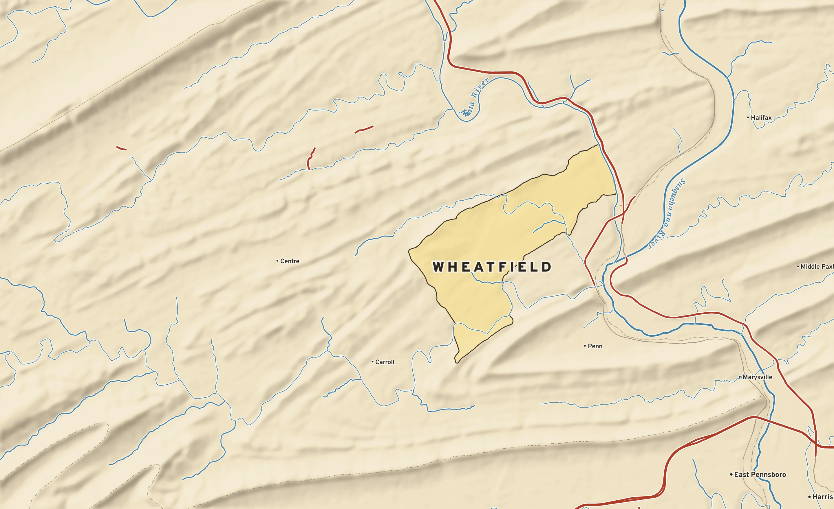 Shaded-relief atlas plate of Wheatfield, Pennsylvania: rivers, roads, the city limits and where the water drains.