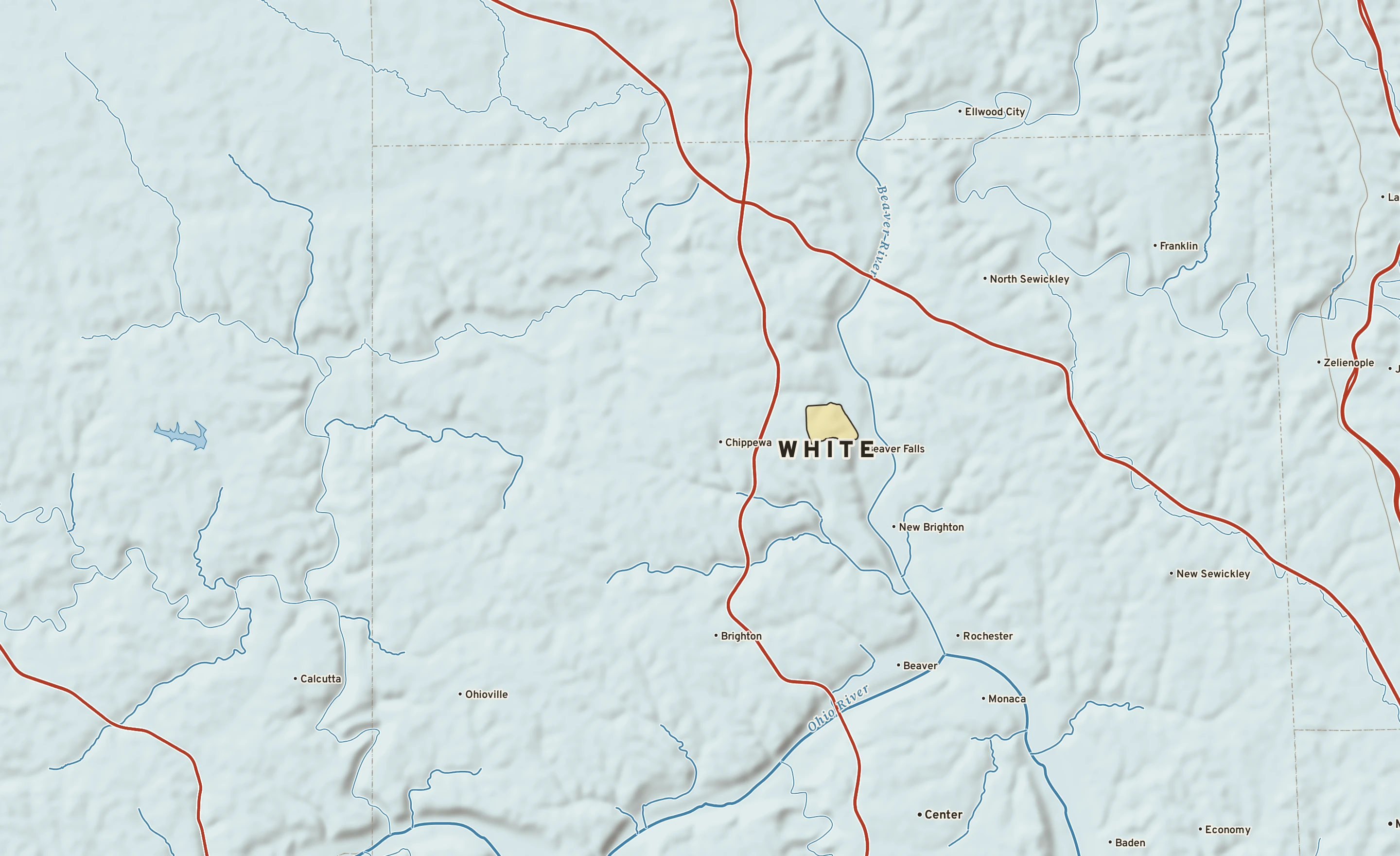 Shaded-relief atlas plate of White, Pennsylvania: rivers, roads, the city limits and where the water drains.