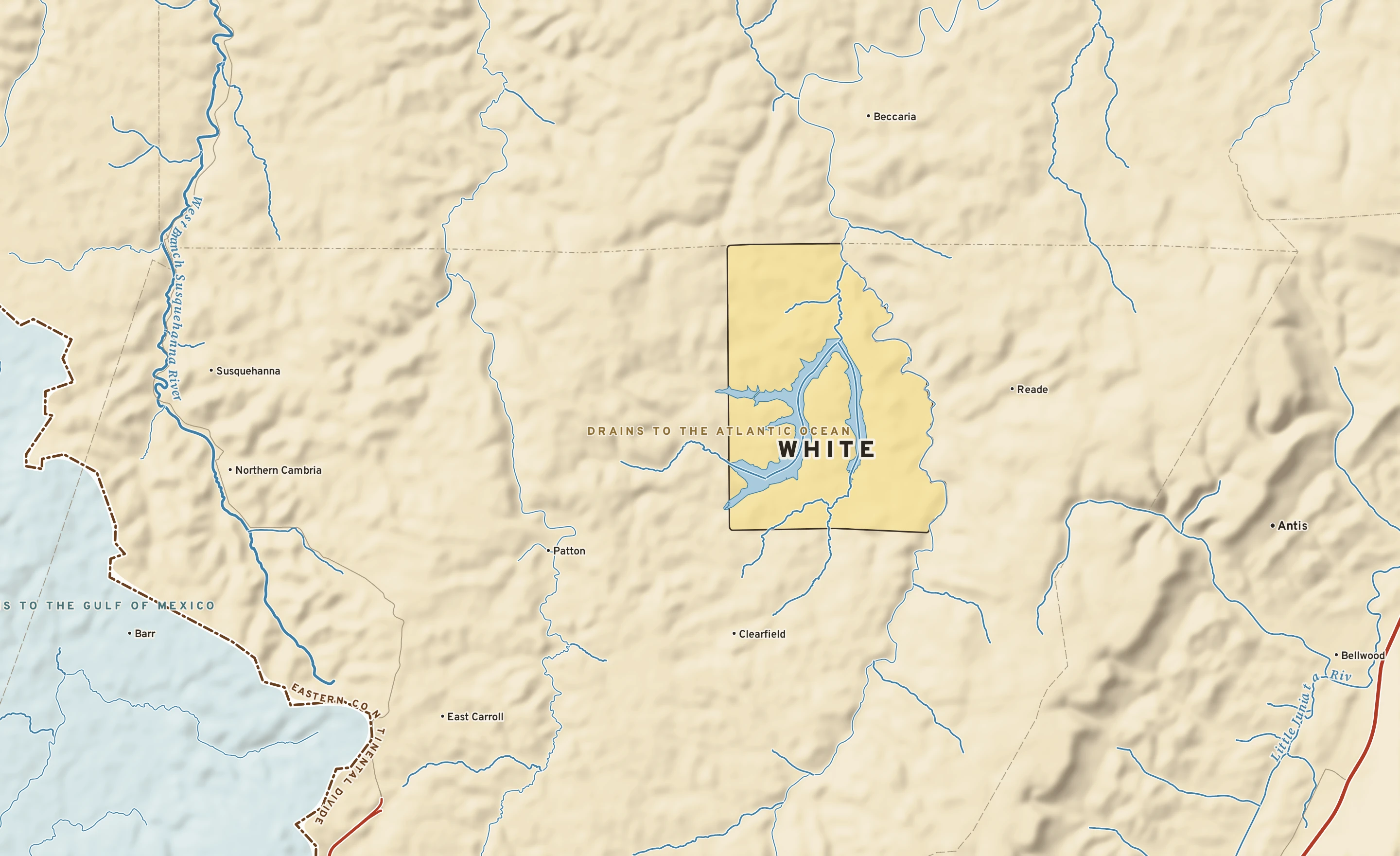 Shaded-relief atlas plate of White, Pennsylvania: rivers, roads, the city limits and where the water drains.