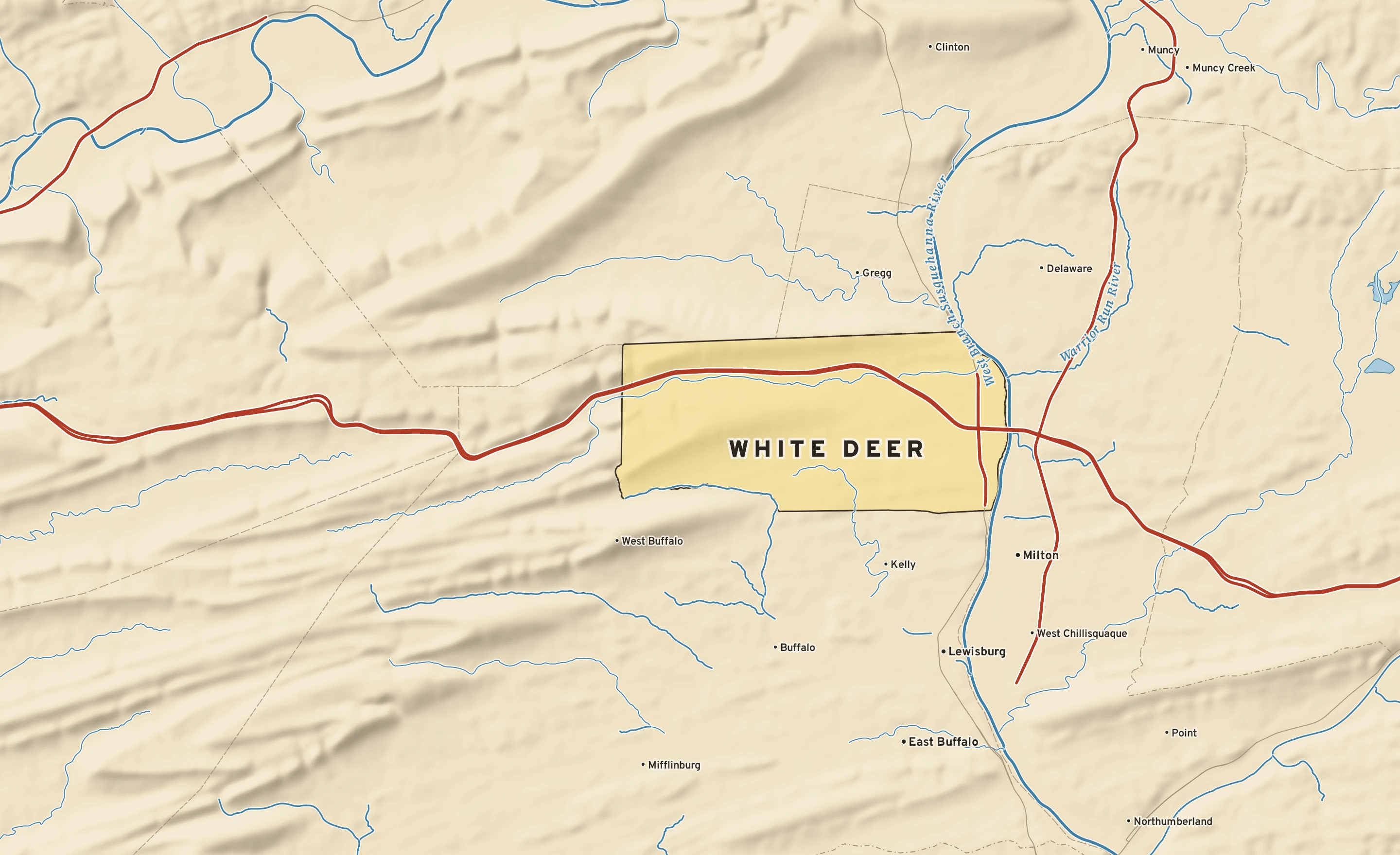 Shaded-relief atlas plate of White Deer, Pennsylvania: rivers, roads, the city limits and where the water drains.