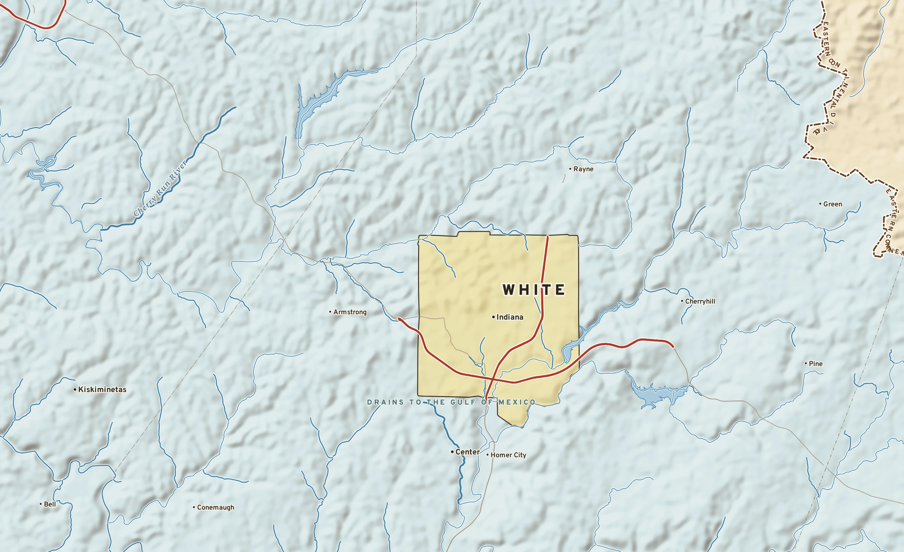 Shaded-relief atlas plate of White, Pennsylvania: rivers, roads, the city limits and where the water drains.