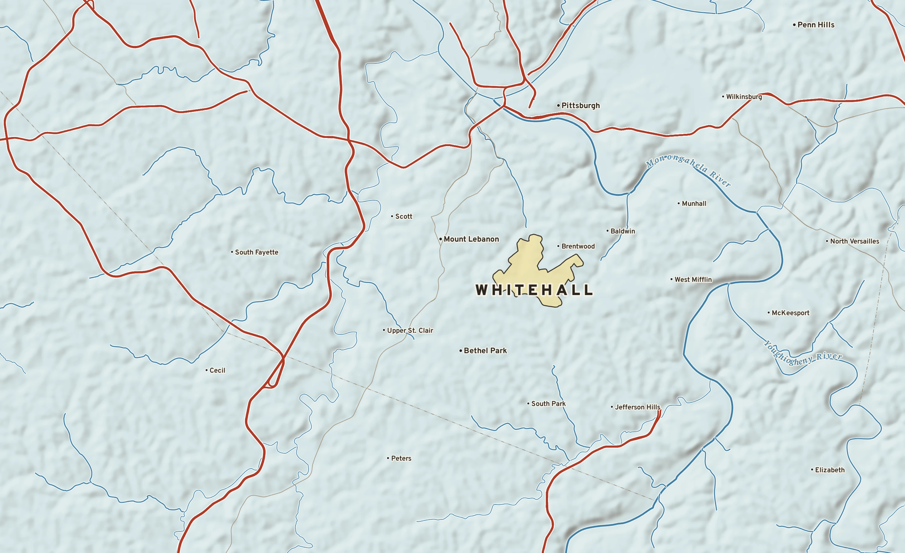 Shaded-relief atlas plate of Whitehall, Pennsylvania: rivers, roads, the city limits and where the water drains.