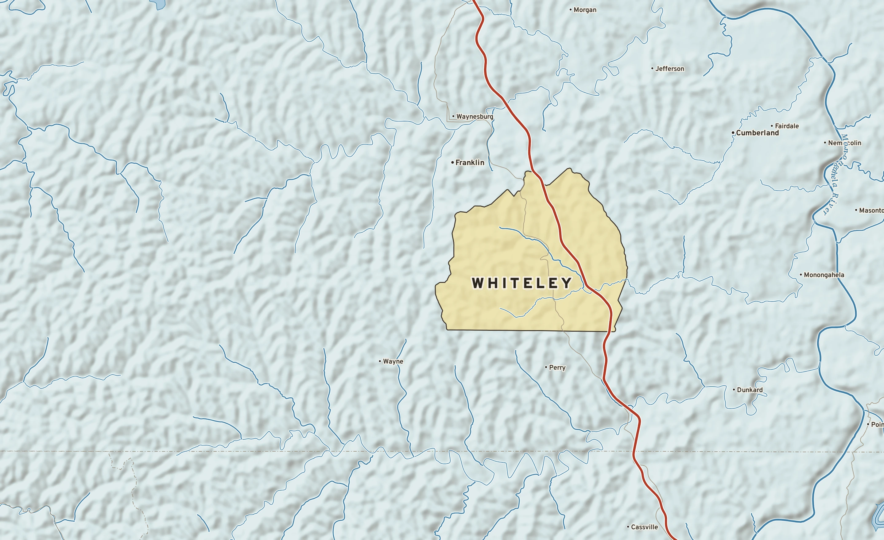 Shaded-relief atlas plate of Whiteley, Pennsylvania: rivers, roads, the city limits and where the water drains.