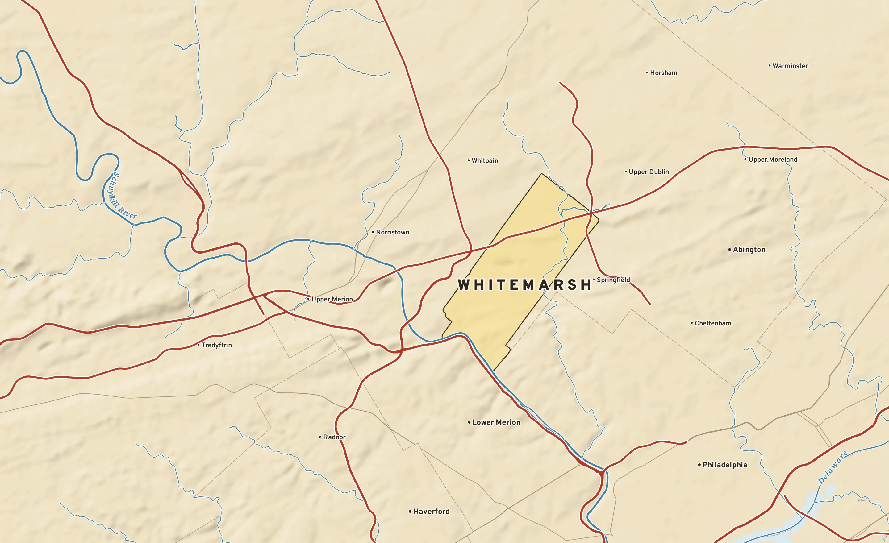Shaded-relief atlas plate of Whitemarsh, Pennsylvania: rivers, roads, the city limits and where the water drains.