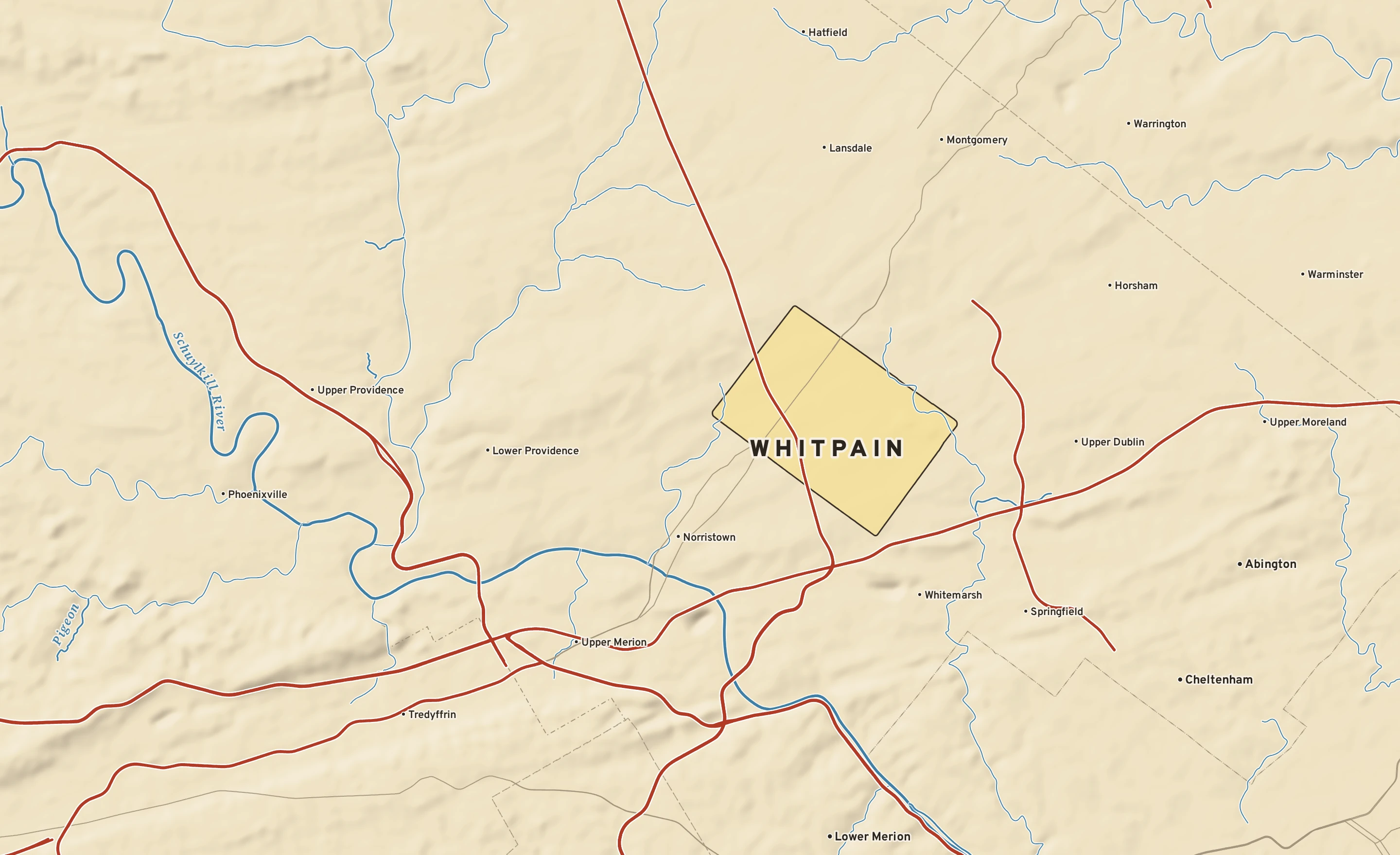 Shaded-relief atlas plate of Whitpain, Pennsylvania: rivers, roads, the city limits and where the water drains.