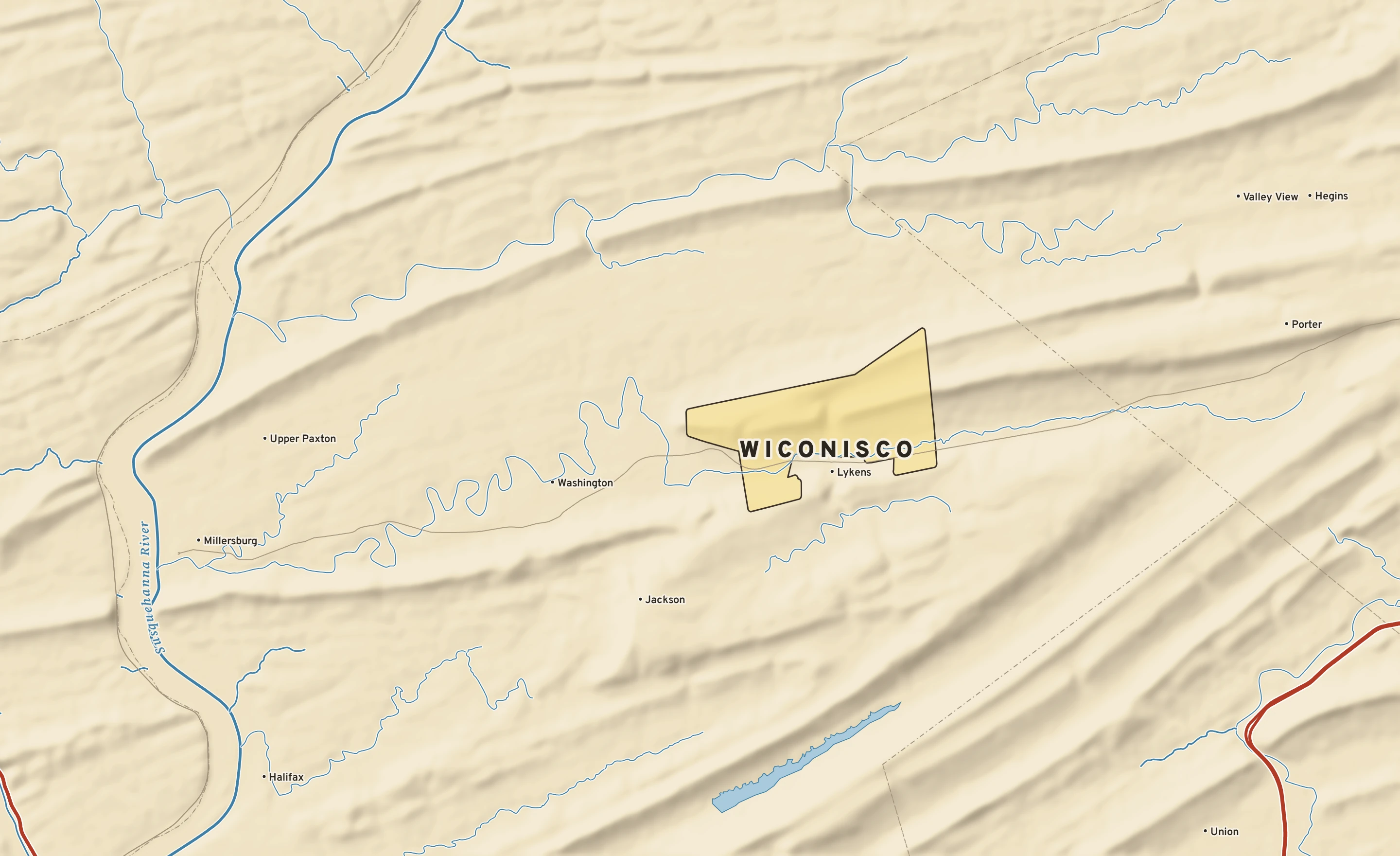 Shaded-relief atlas plate of Wiconisco, Pennsylvania: rivers, roads, the city limits and where the water drains.