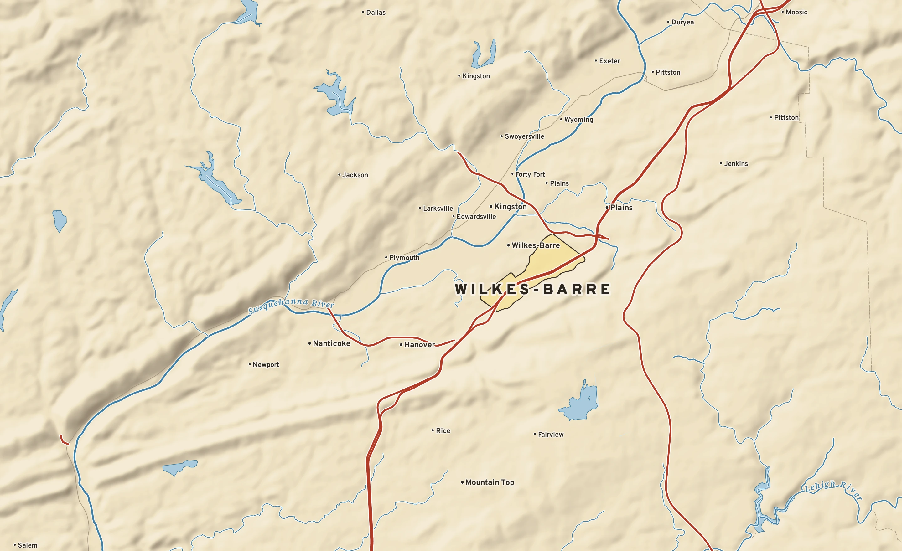 Shaded-relief atlas plate of Wilkes-Barre, Pennsylvania: rivers, roads, the city limits and where the water drains.