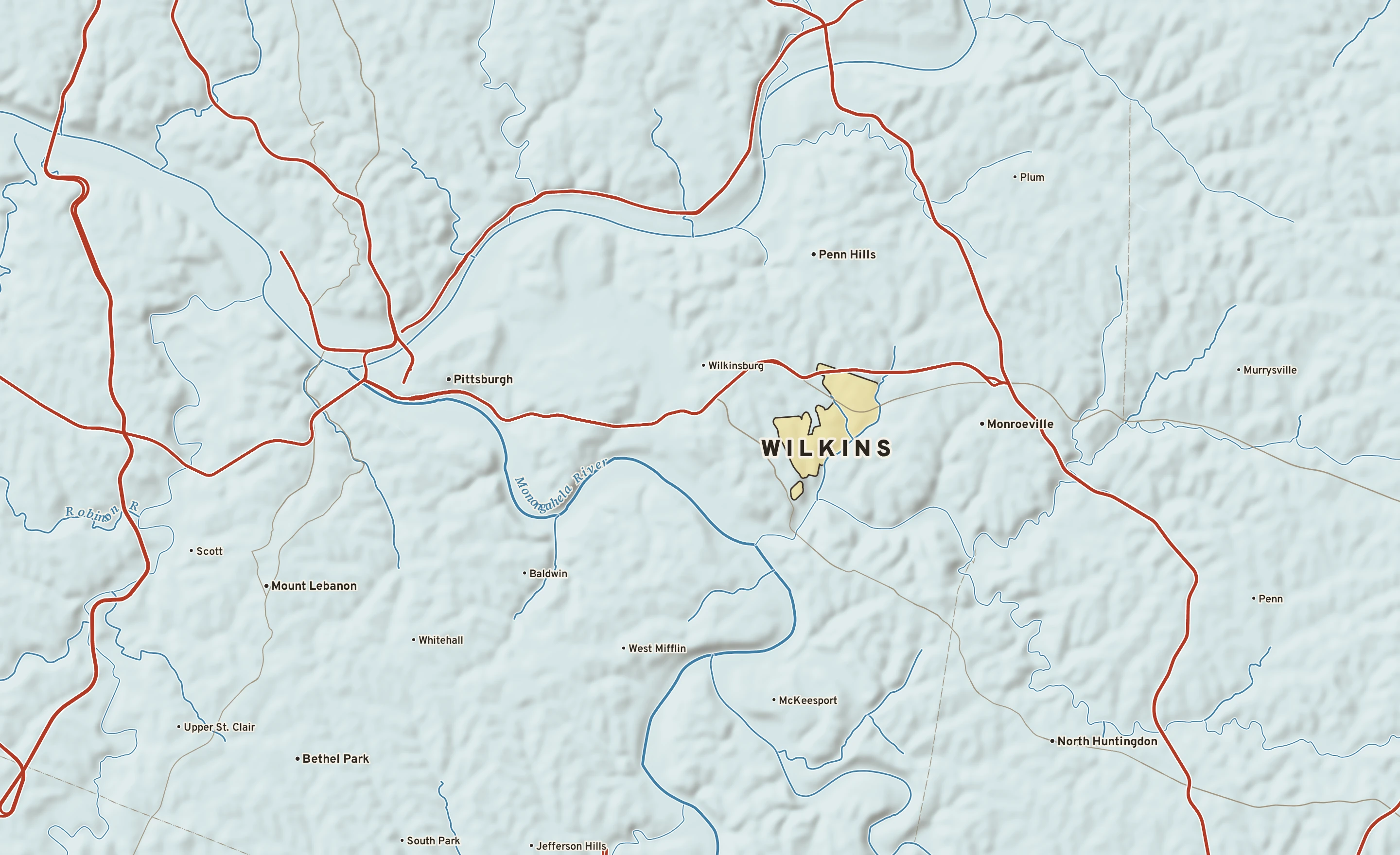 Shaded-relief atlas plate of Wilkins, Pennsylvania: rivers, roads, the city limits and where the water drains.