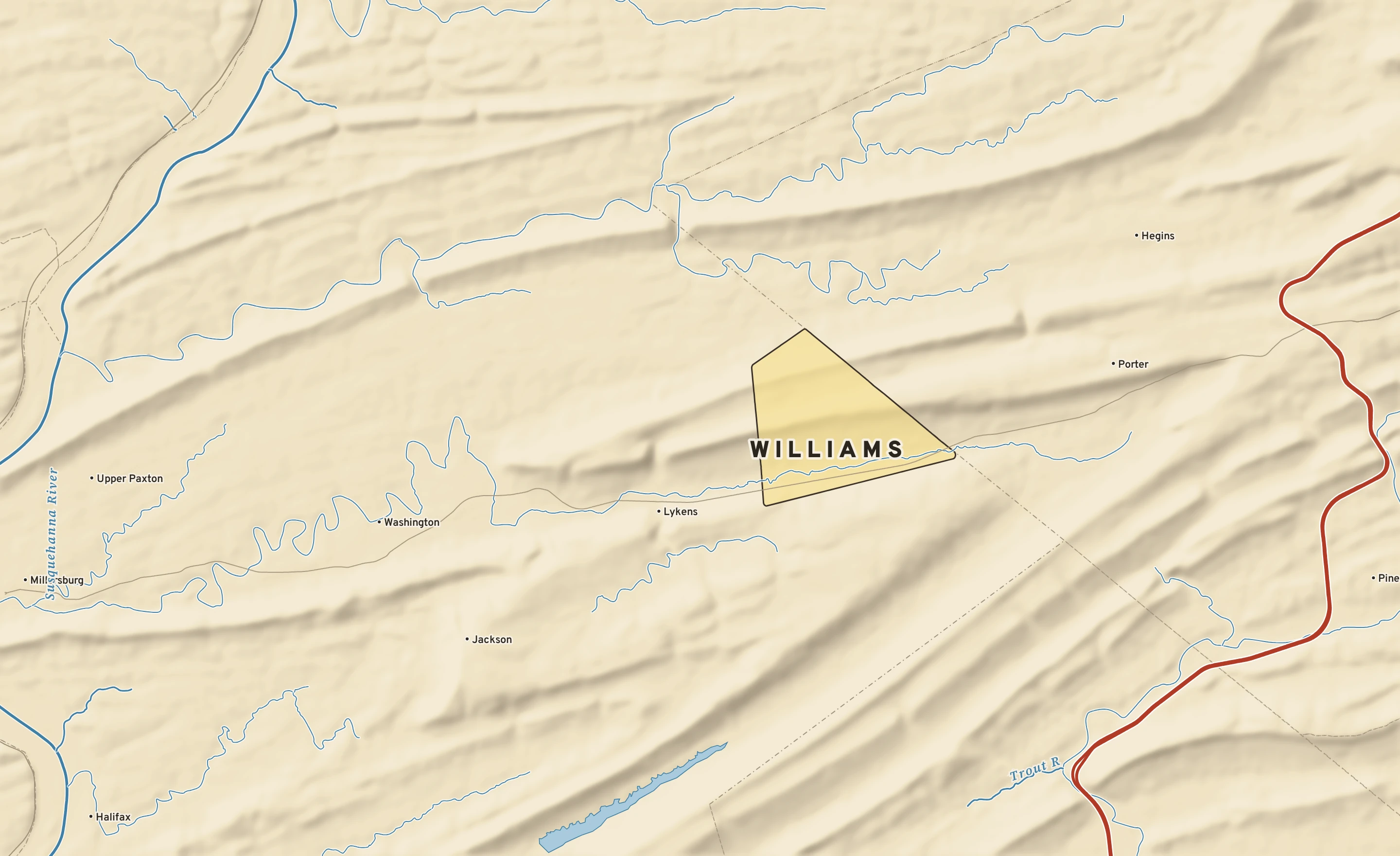 Shaded-relief atlas plate of Williams, Pennsylvania: rivers, roads, the city limits and where the water drains.