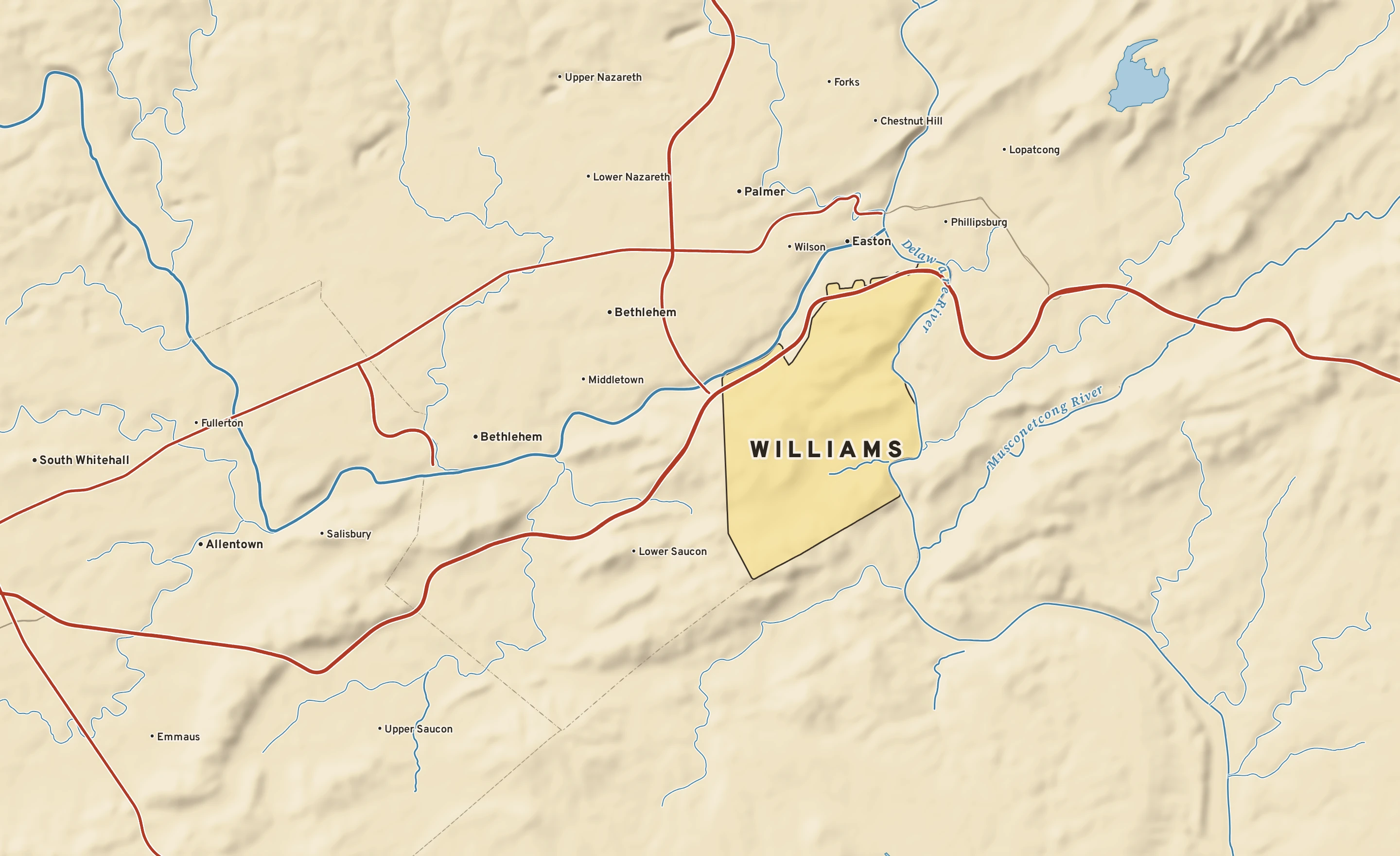 Shaded-relief atlas plate of Williams, Pennsylvania: rivers, roads, the city limits and where the water drains.