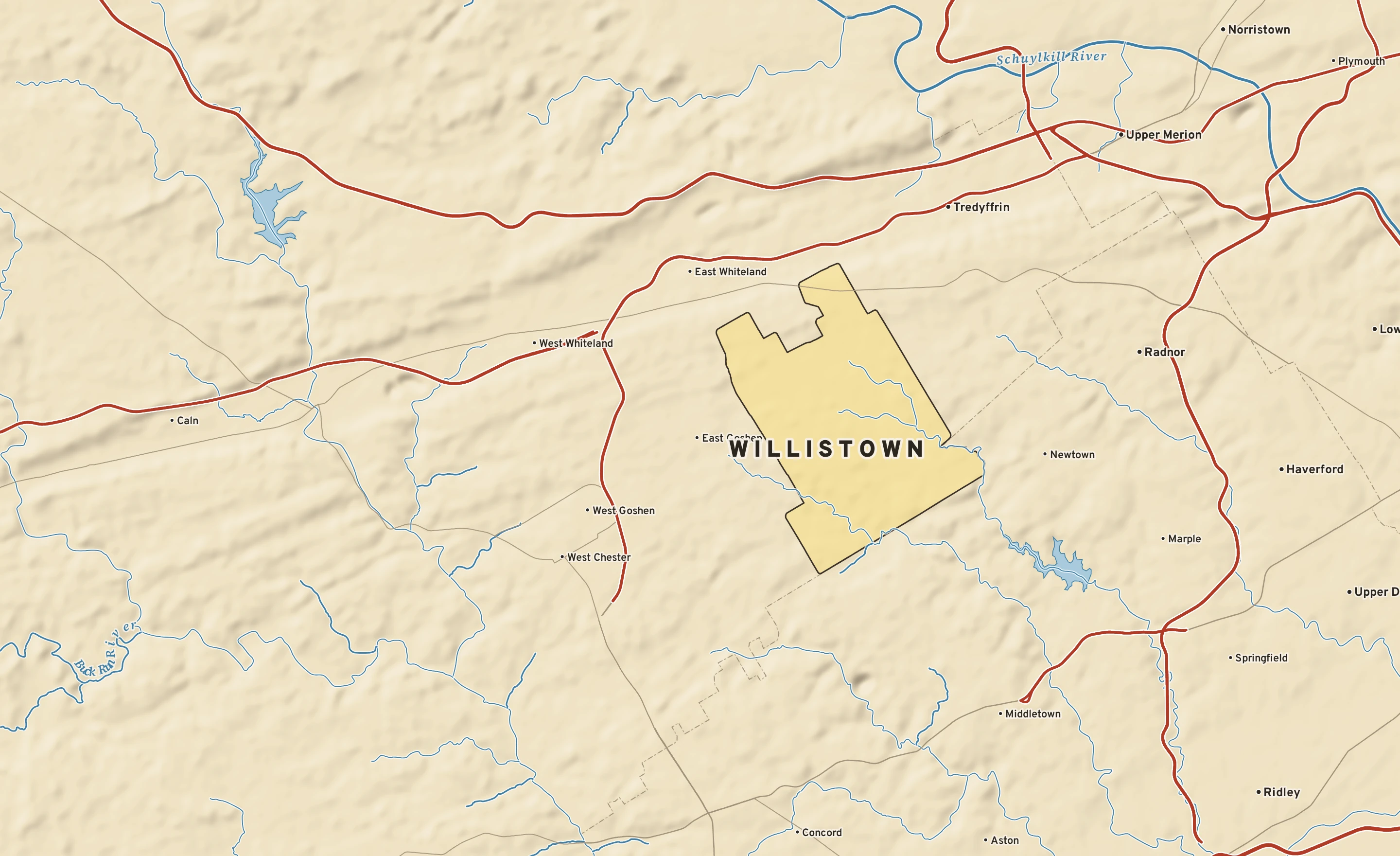 Shaded-relief atlas plate of Willistown, Pennsylvania: rivers, roads, the city limits and where the water drains.