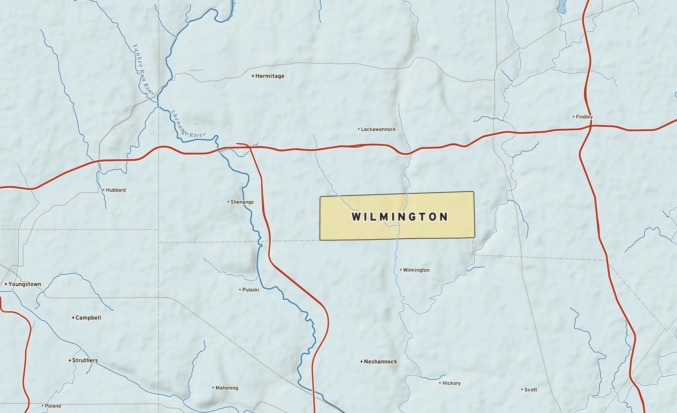 Shaded-relief atlas plate of Wilmington, Pennsylvania: rivers, roads, the city limits and where the water drains.