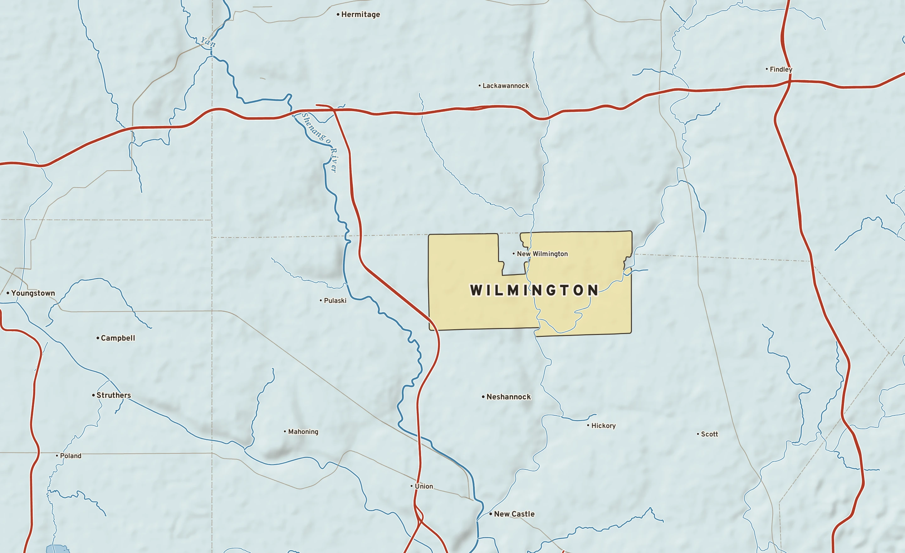 Shaded-relief atlas plate of Wilmington, Pennsylvania: rivers, roads, the city limits and where the water drains.