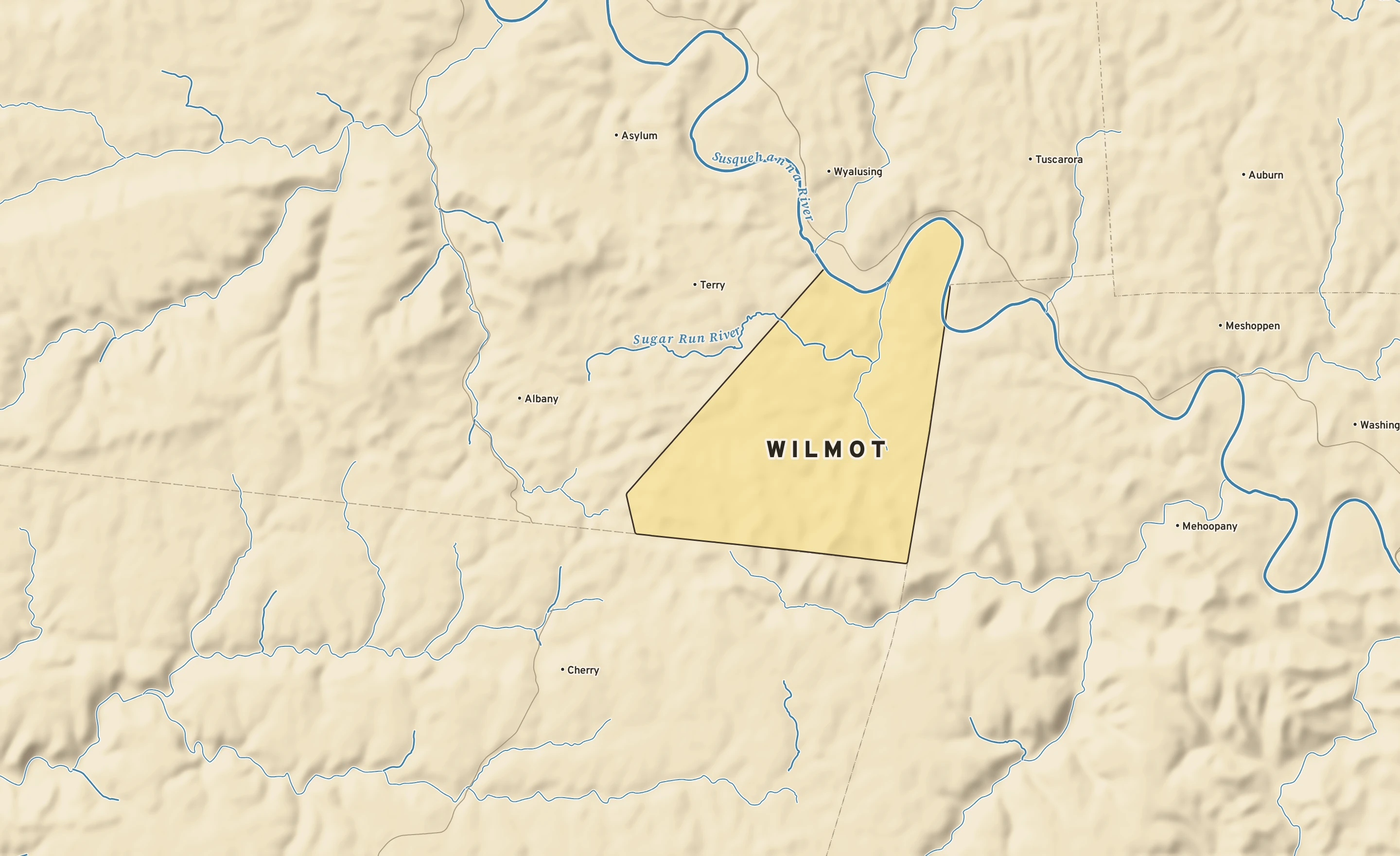 Shaded-relief atlas plate of Wilmot, Pennsylvania: rivers, roads, the city limits and where the water drains.