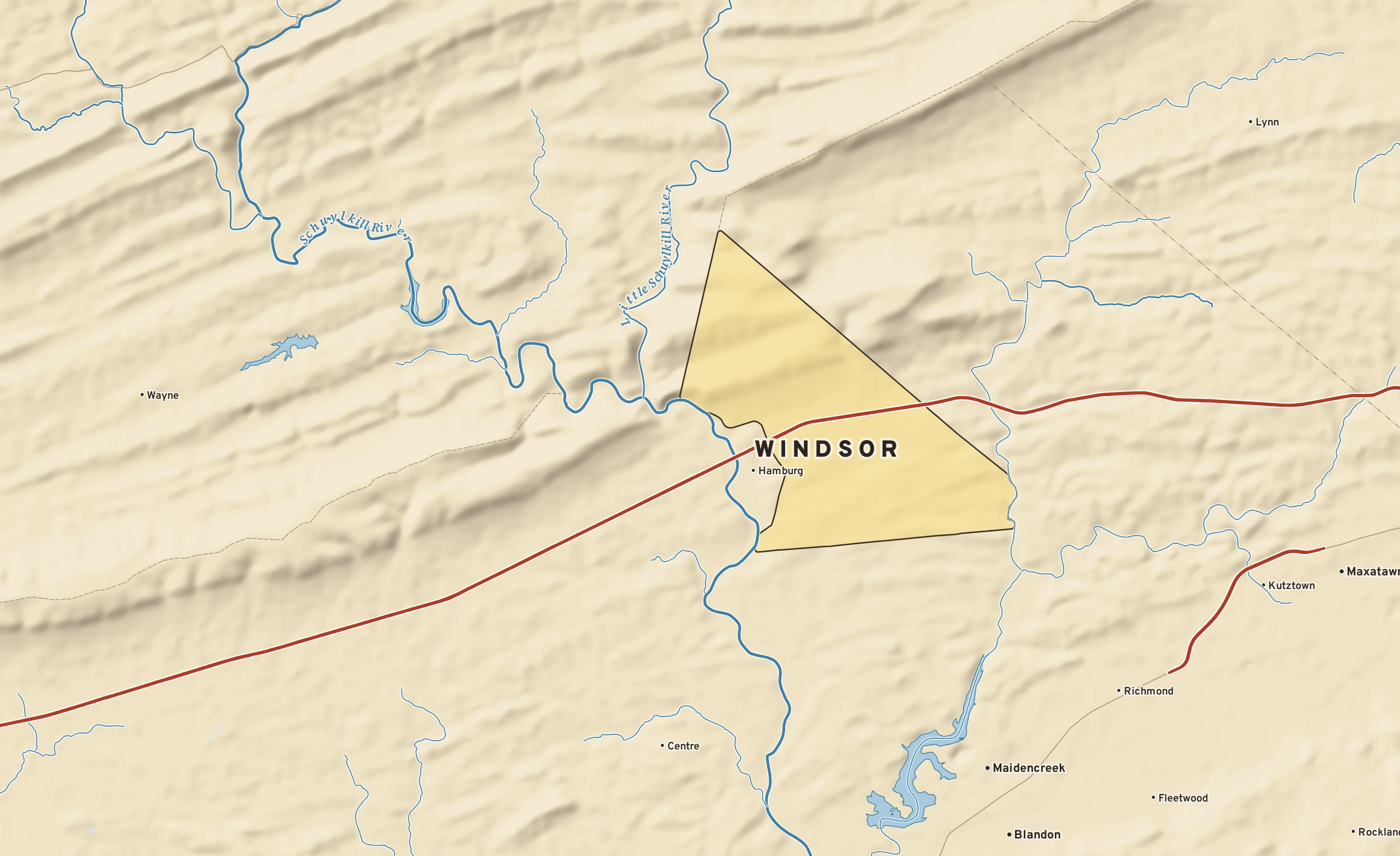 Shaded-relief atlas plate of Windsor, Pennsylvania: rivers, roads, the city limits and where the water drains.