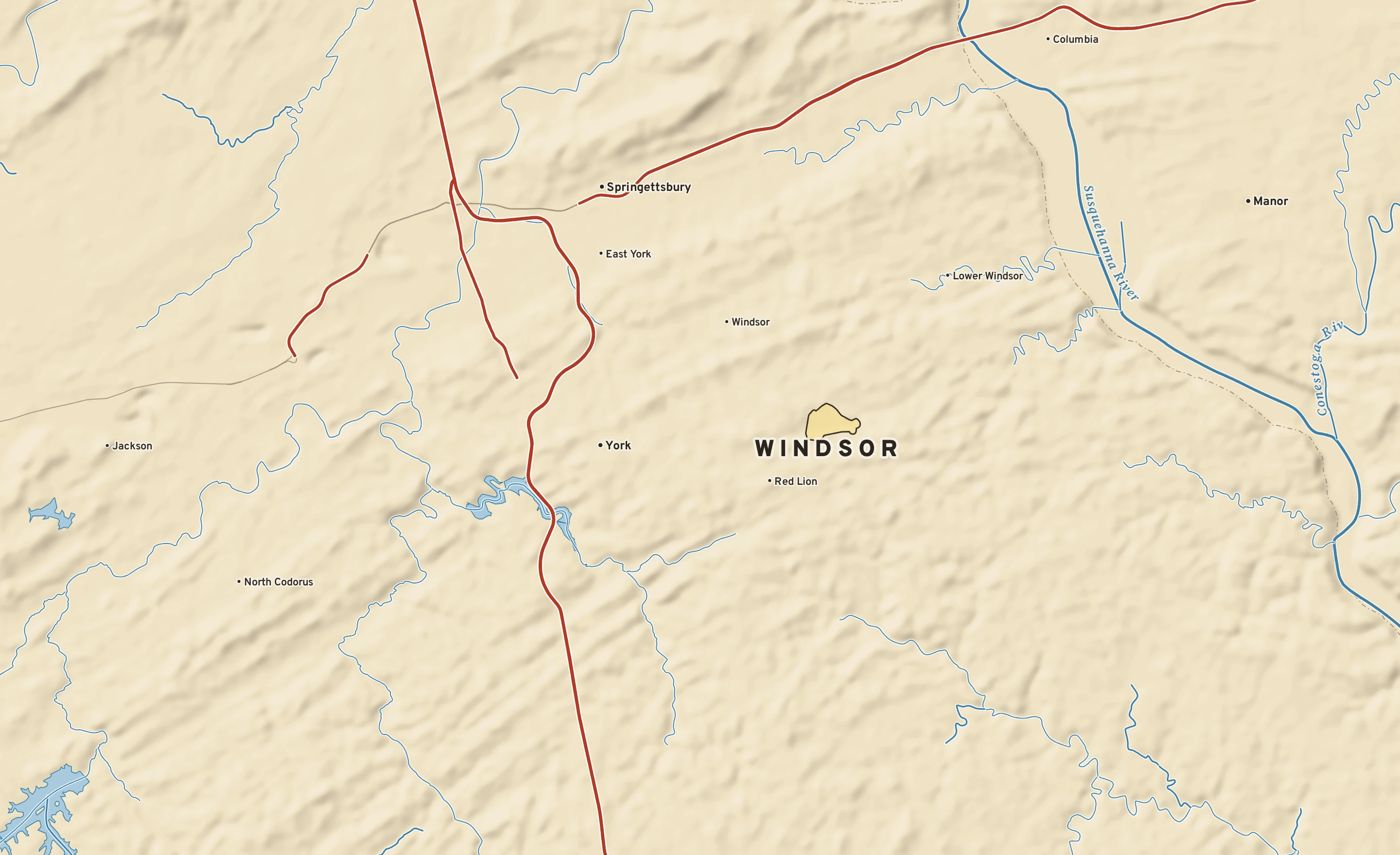 Shaded-relief atlas plate of Windsor, Pennsylvania: rivers, roads, the city limits and where the water drains.