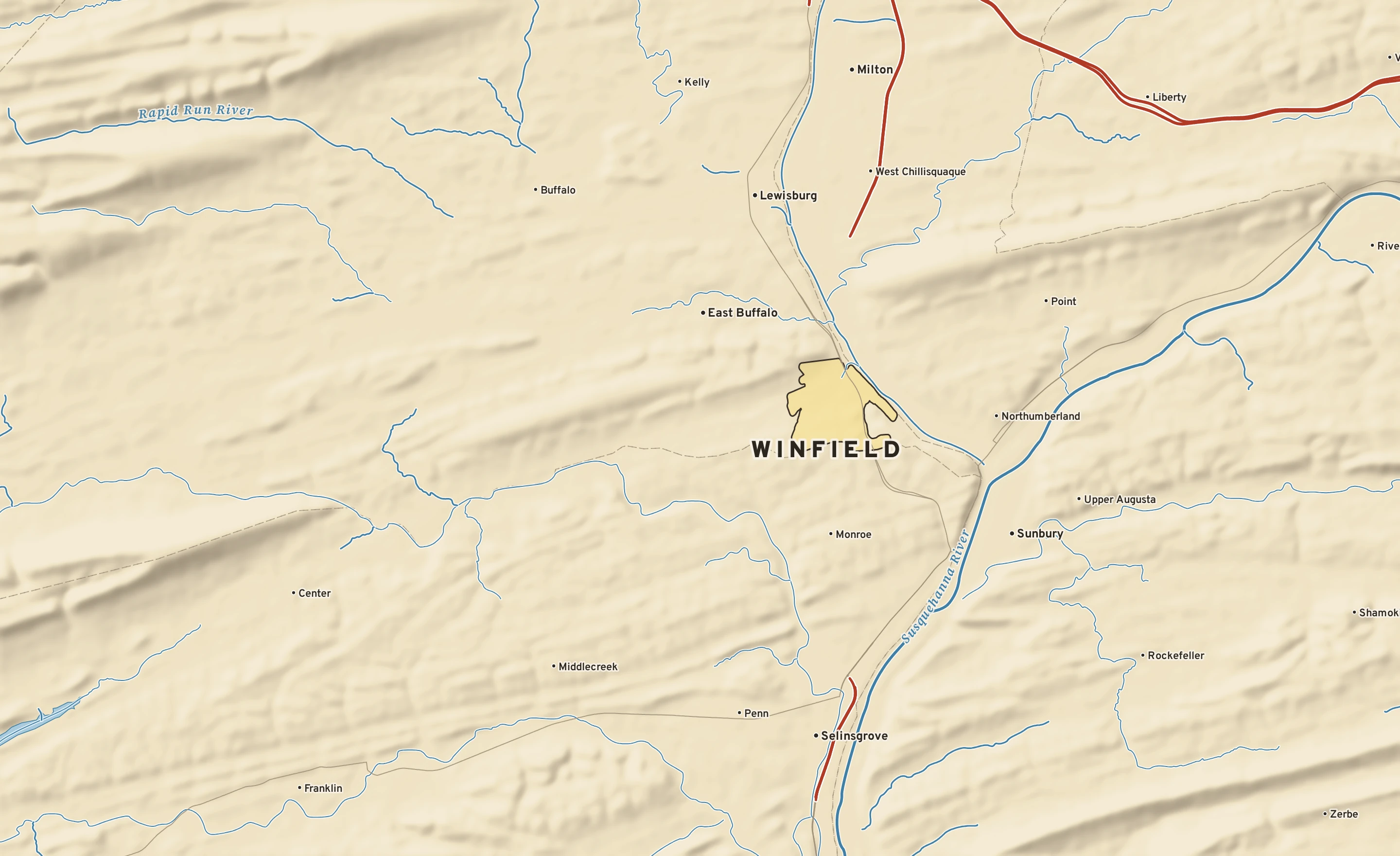 Shaded-relief atlas plate of Winfield, Pennsylvania: rivers, roads, the city limits and where the water drains.