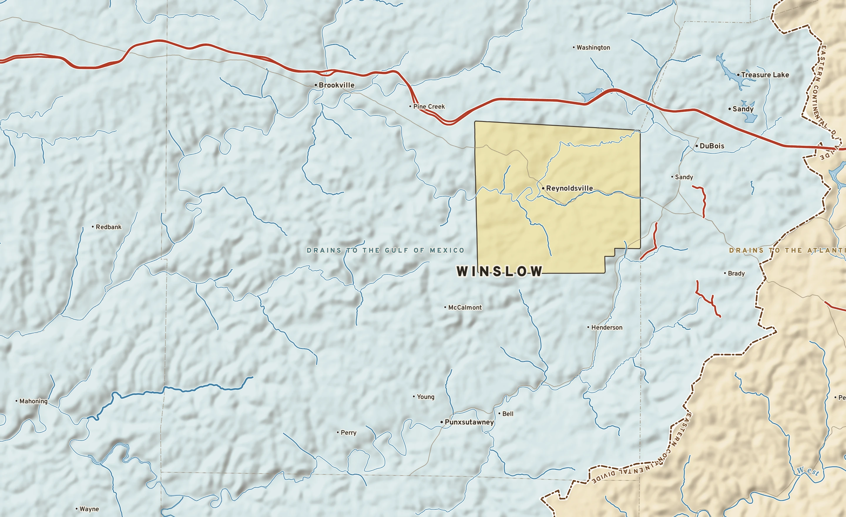 Shaded-relief atlas plate of Winslow, Pennsylvania: rivers, roads, the city limits and where the water drains.