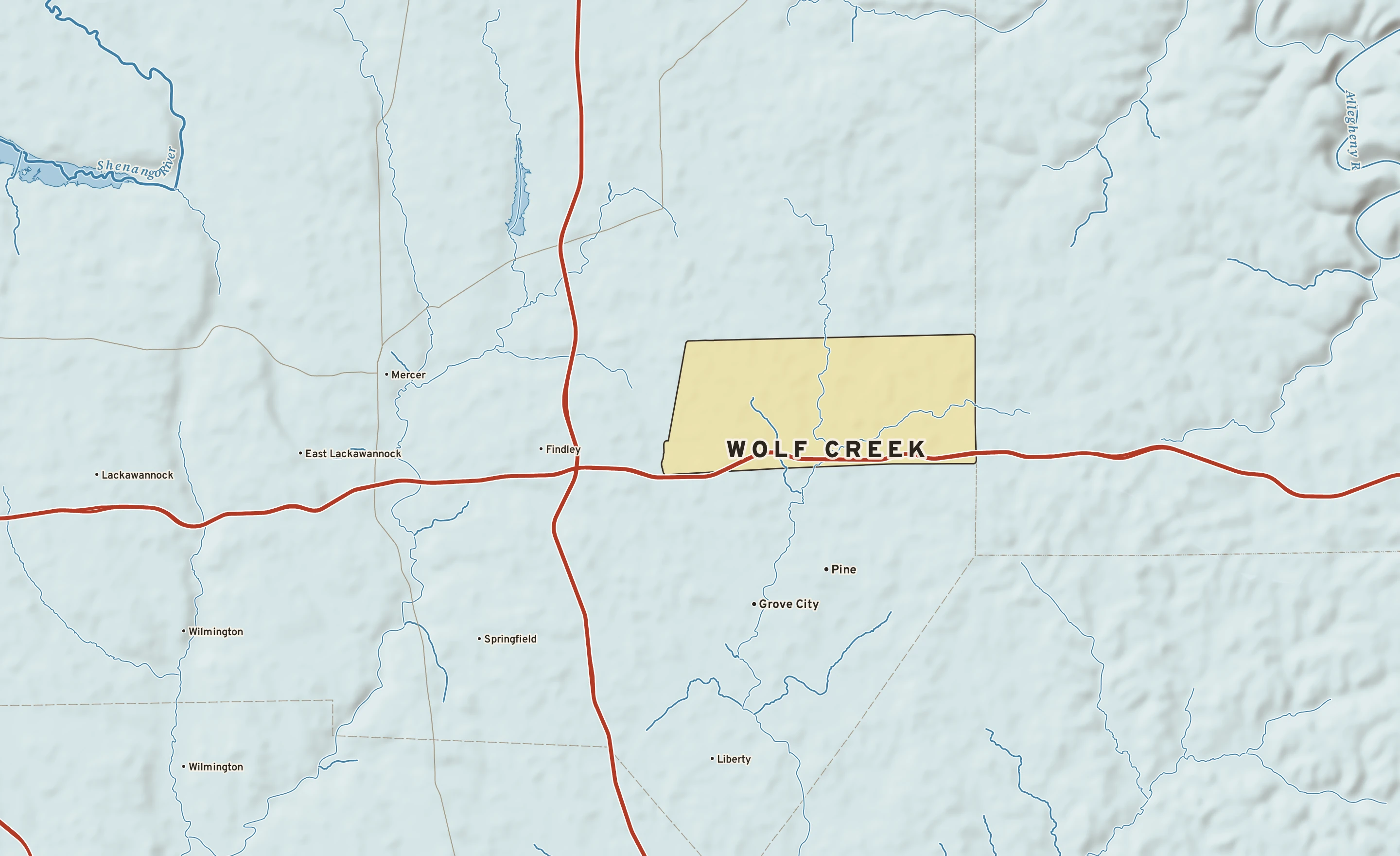 Shaded-relief atlas plate of Wolf Creek, Pennsylvania: rivers, roads, the city limits and where the water drains.