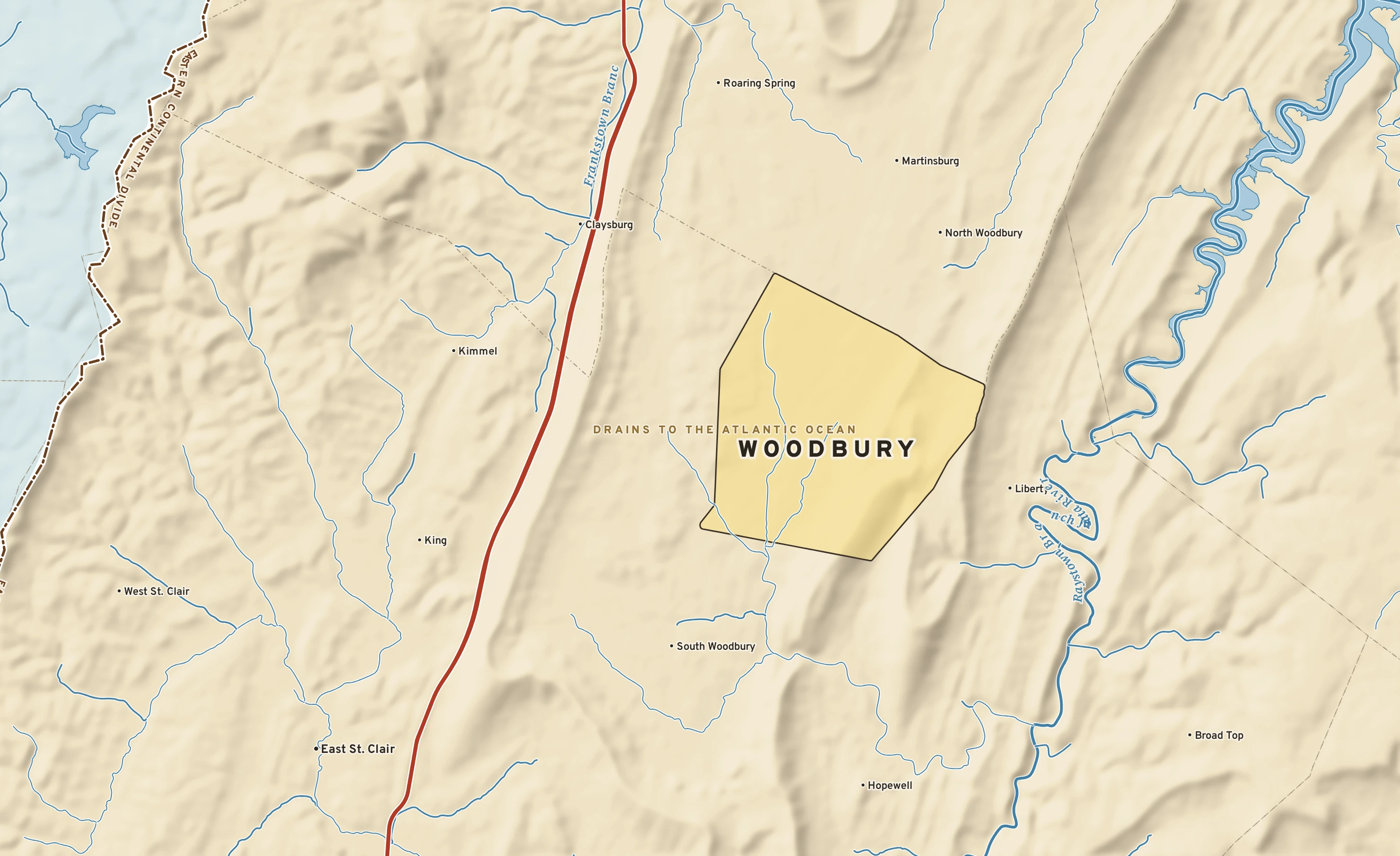 Shaded-relief atlas plate of Woodbury, Pennsylvania: rivers, roads, the city limits and where the water drains.