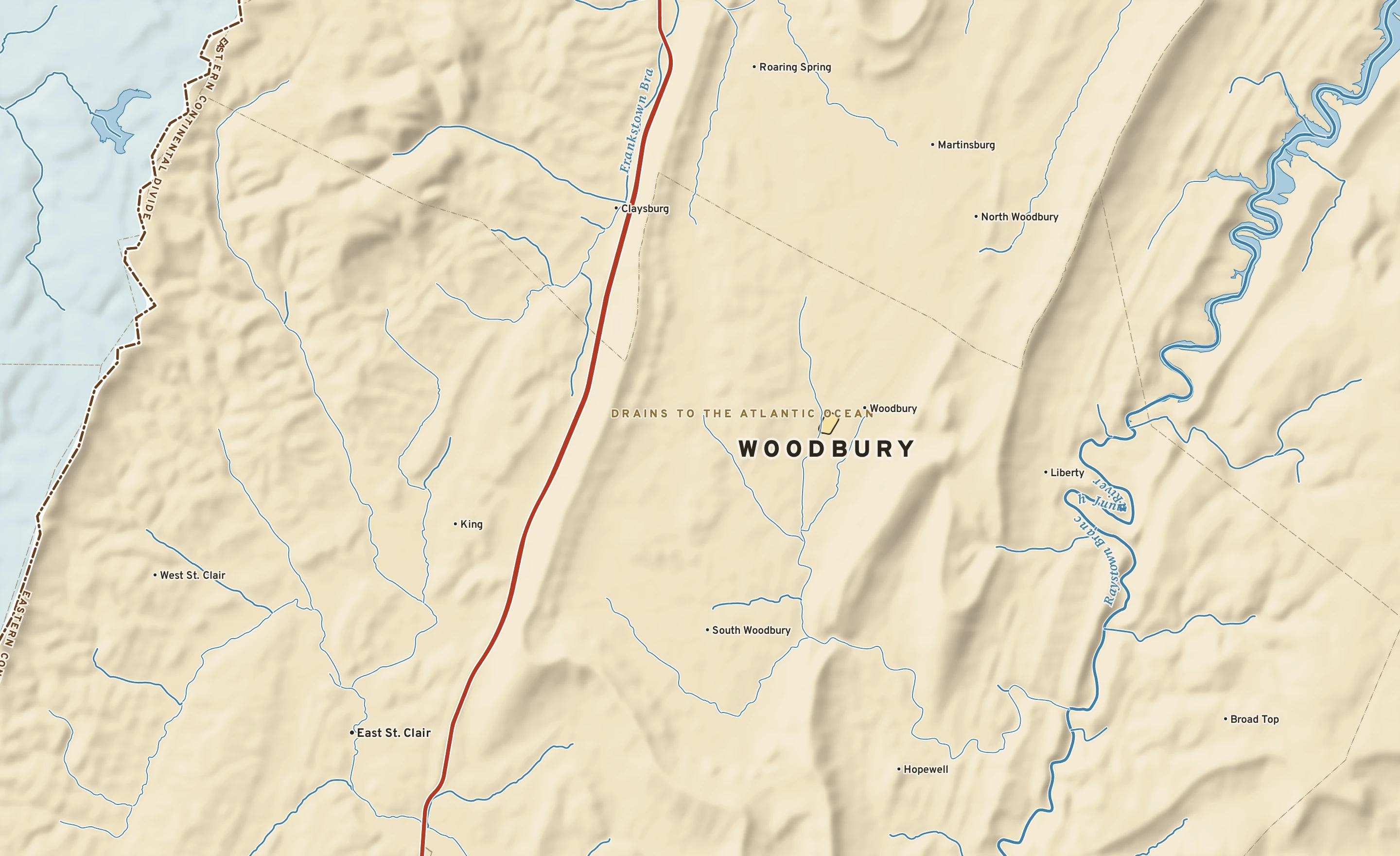 Shaded-relief atlas plate of Woodbury, Pennsylvania: rivers, roads, the city limits and where the water drains.