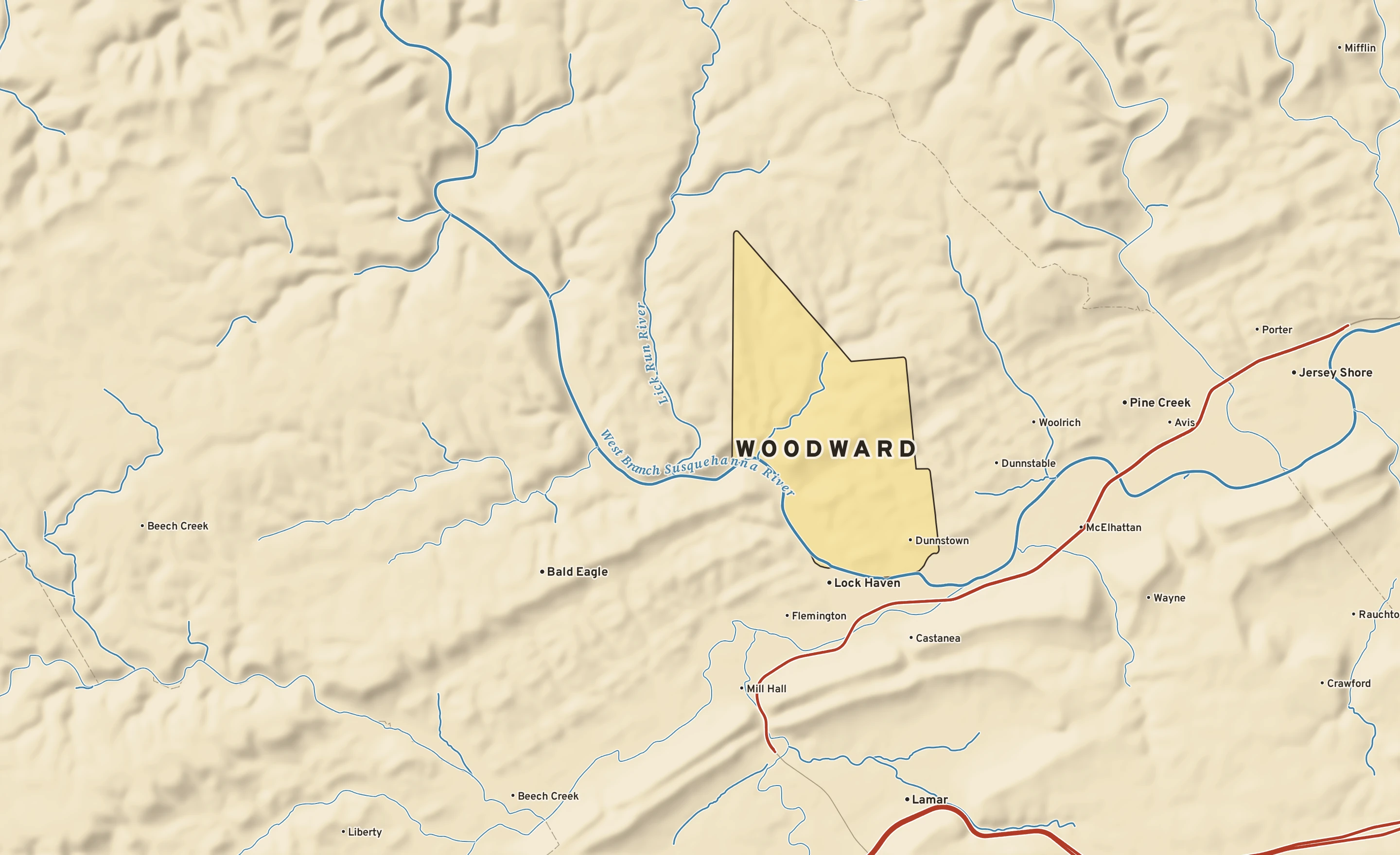 Shaded-relief atlas plate of Woodward, Pennsylvania: rivers, roads, the city limits and where the water drains.