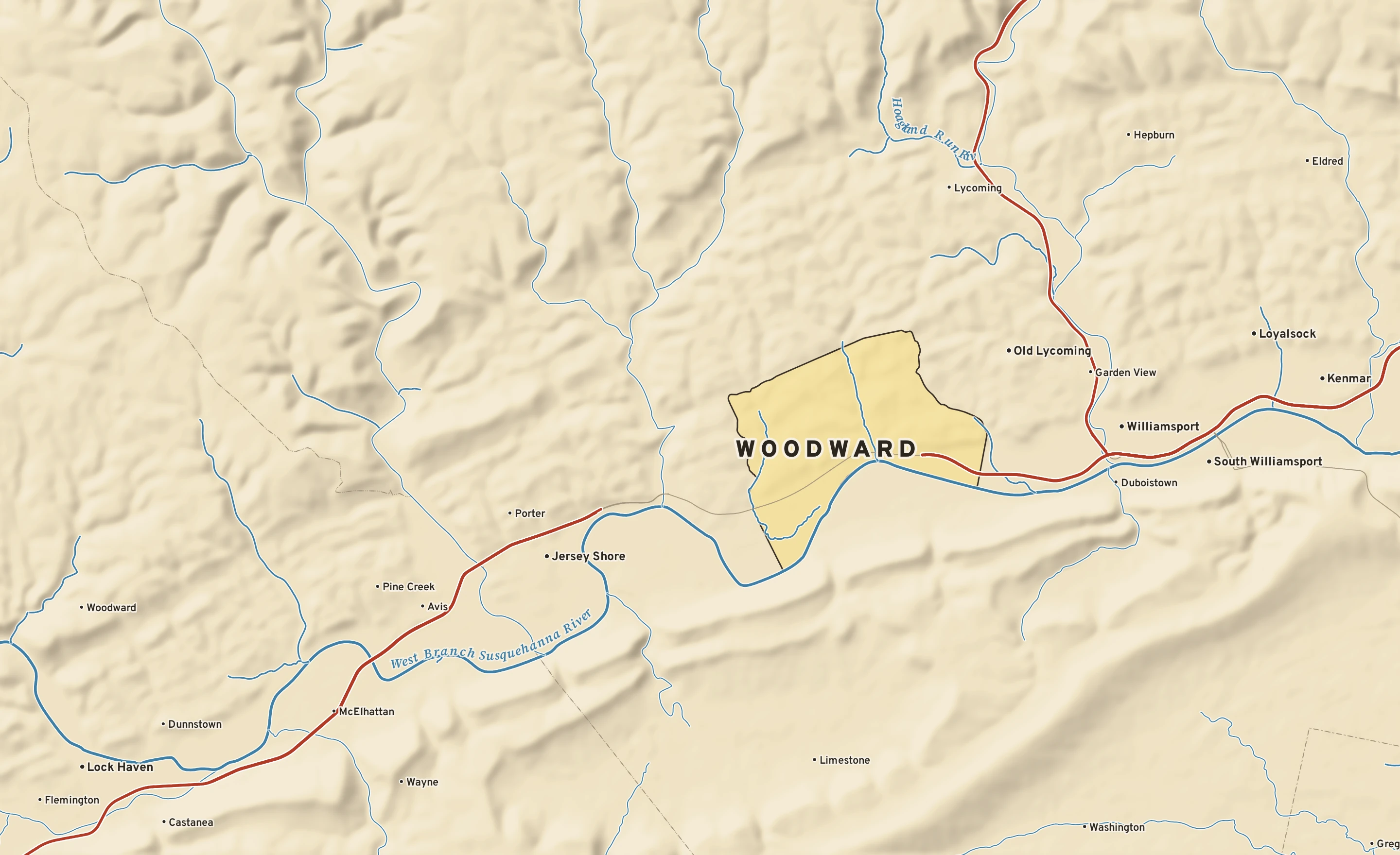 Shaded-relief atlas plate of Woodward, Pennsylvania: rivers, roads, the city limits and where the water drains.