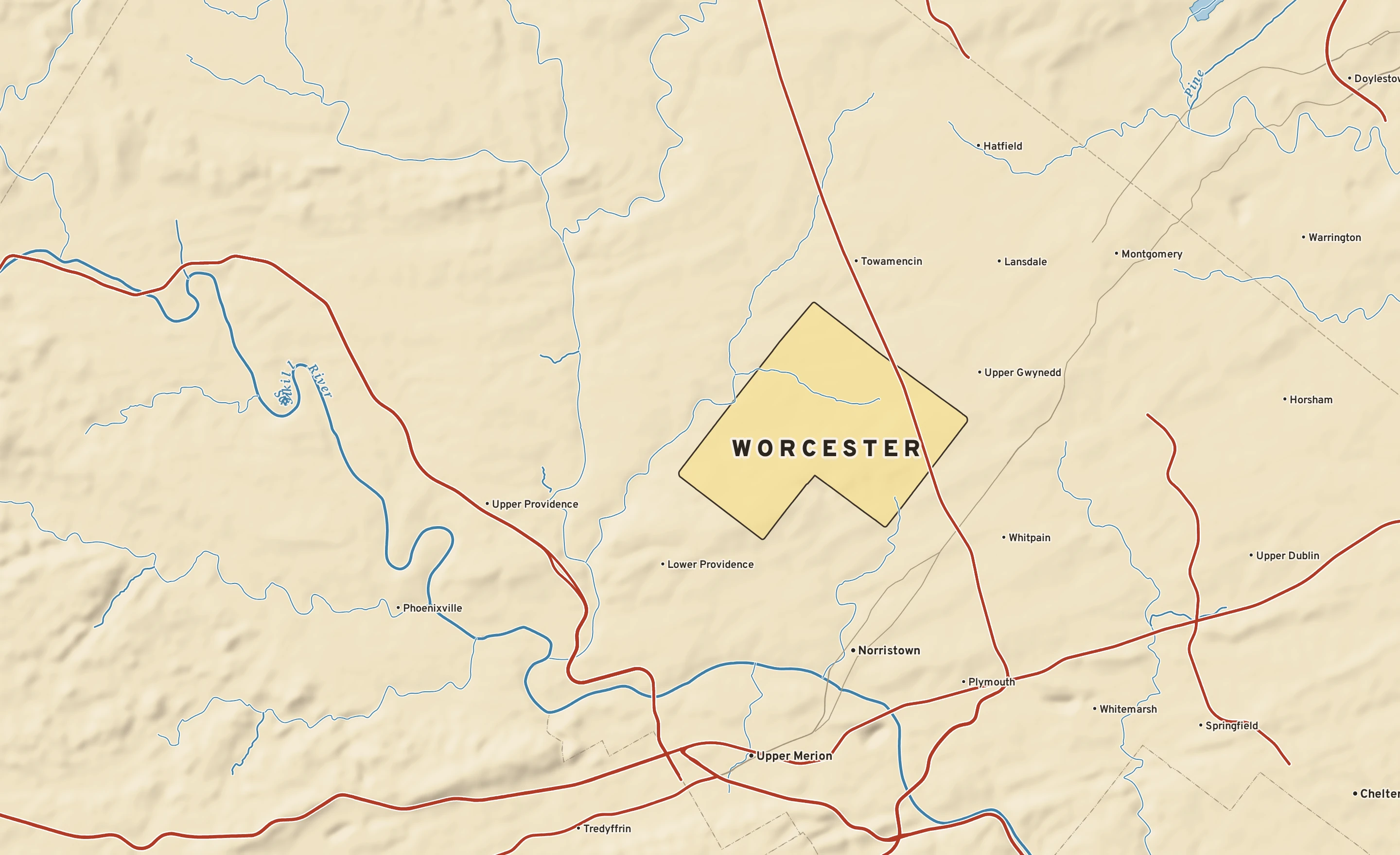 Shaded-relief atlas plate of Worcester, Pennsylvania: rivers, roads, the city limits and where the water drains.