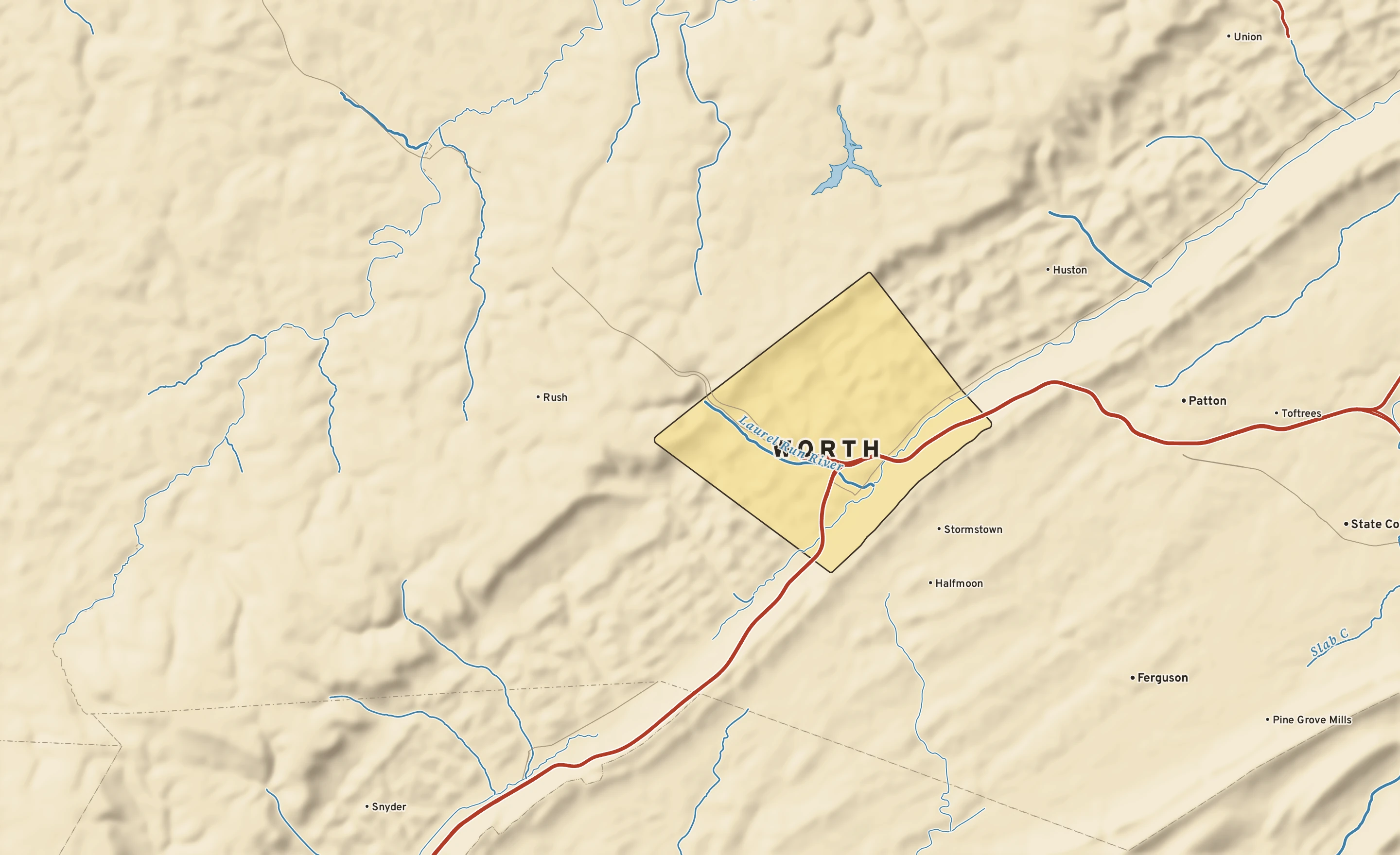 Shaded-relief atlas plate of Worth, Pennsylvania: rivers, roads, the city limits and where the water drains.
