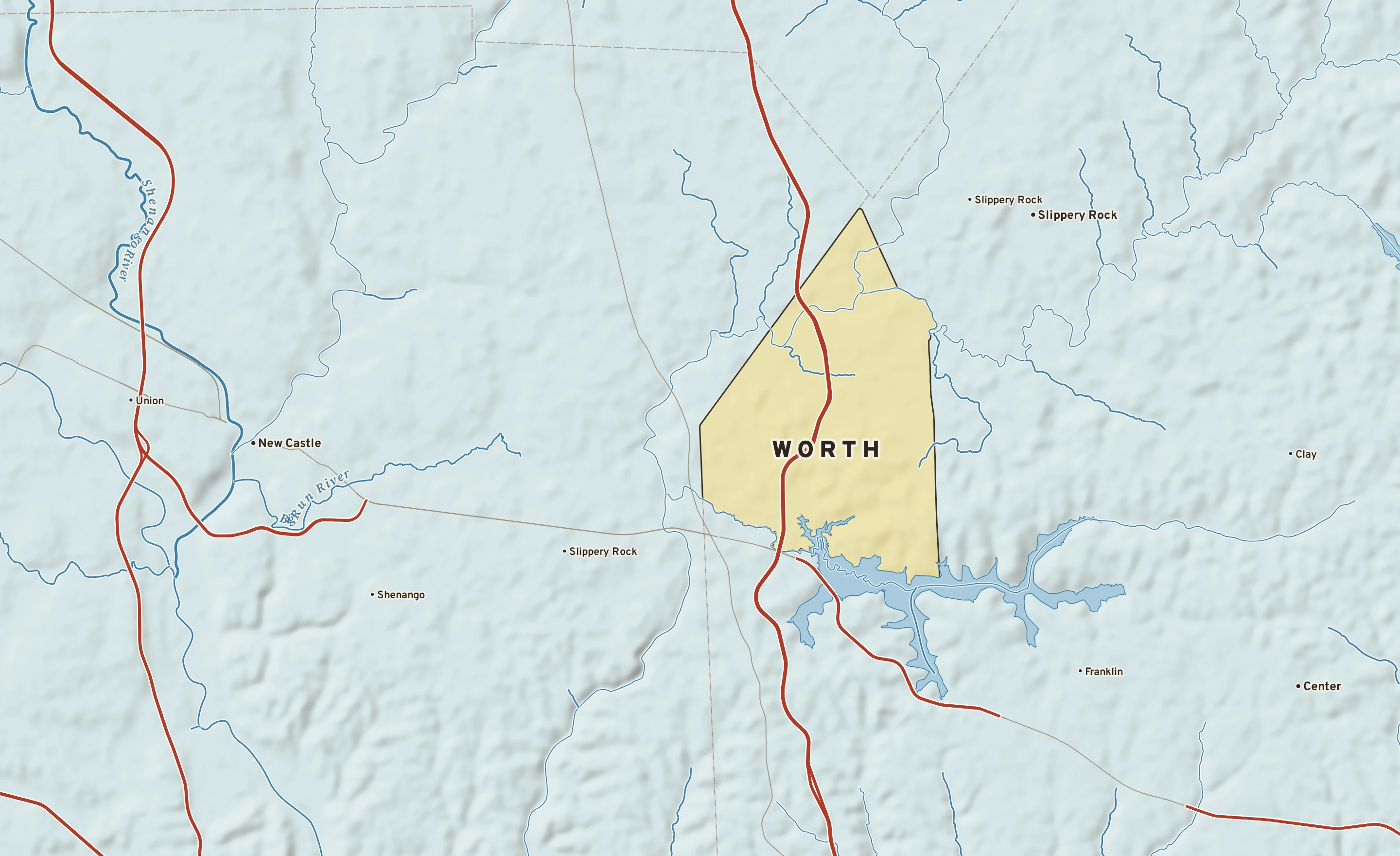 Shaded-relief atlas plate of Worth, Pennsylvania: rivers, roads, the city limits and where the water drains.