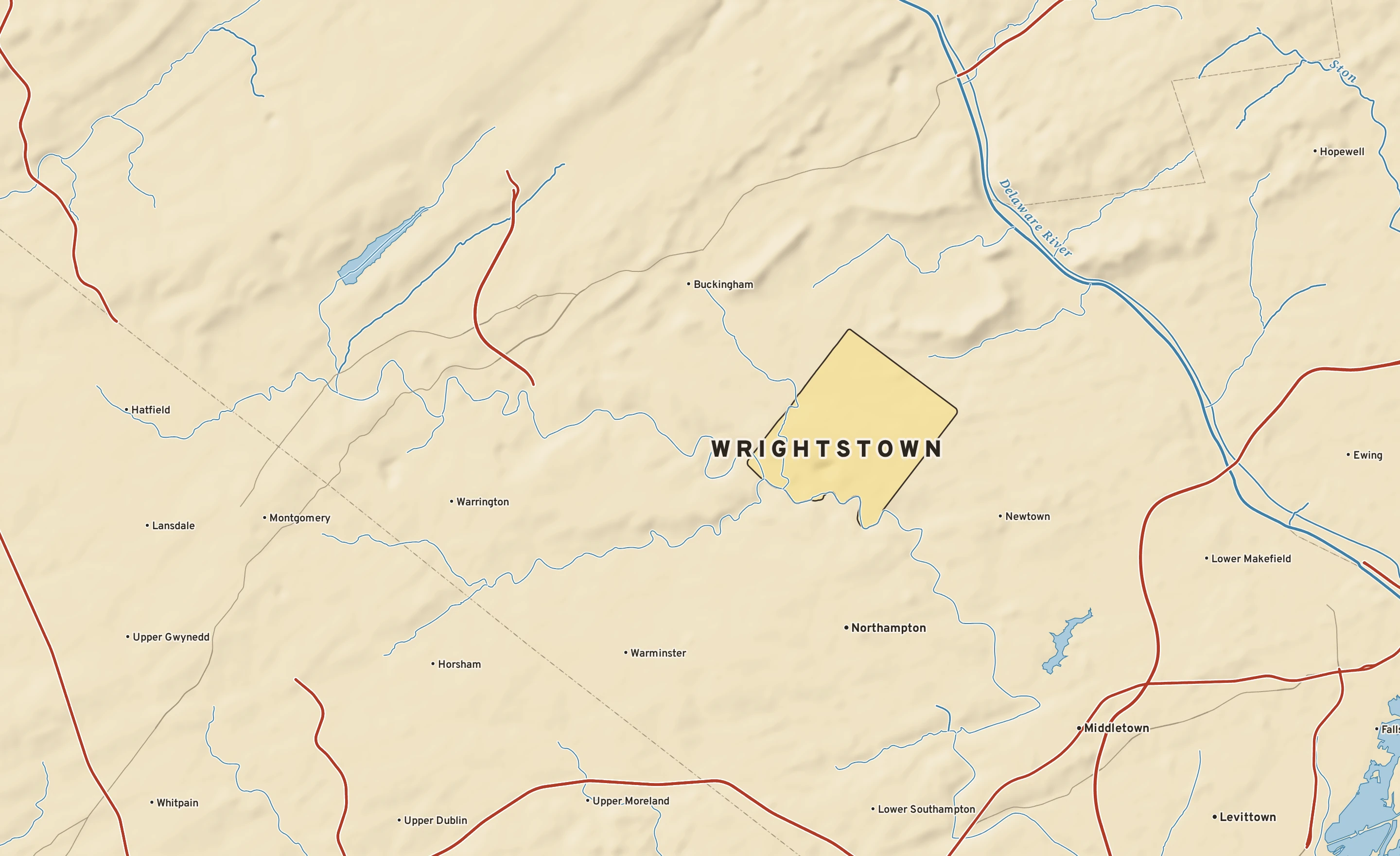 Shaded-relief atlas plate of Wrightstown, Pennsylvania: rivers, roads, the city limits and where the water drains.