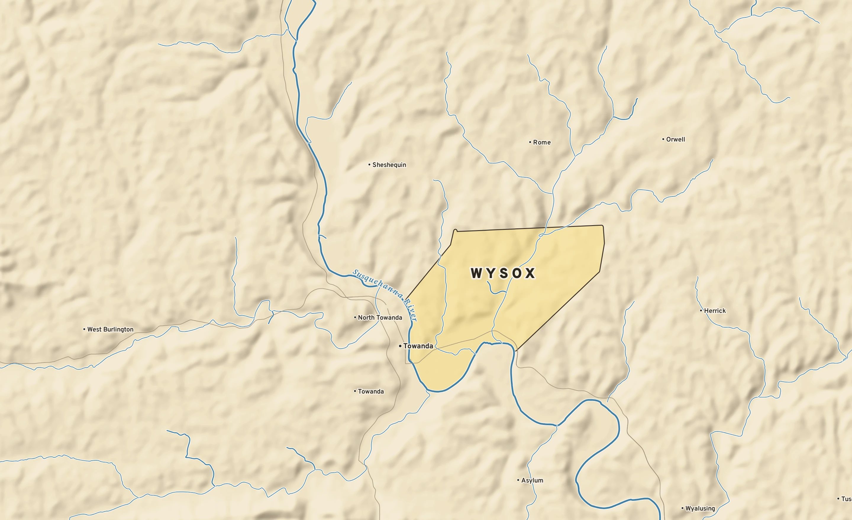 Shaded-relief atlas plate of Wysox, Pennsylvania: rivers, roads, the city limits and where the water drains.