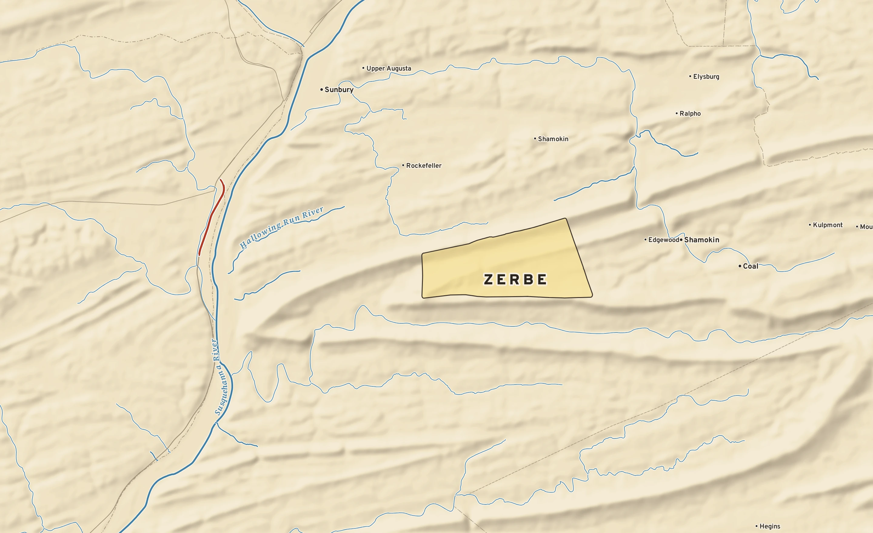 Shaded-relief atlas plate of Zerbe, Pennsylvania: rivers, roads, the city limits and where the water drains.