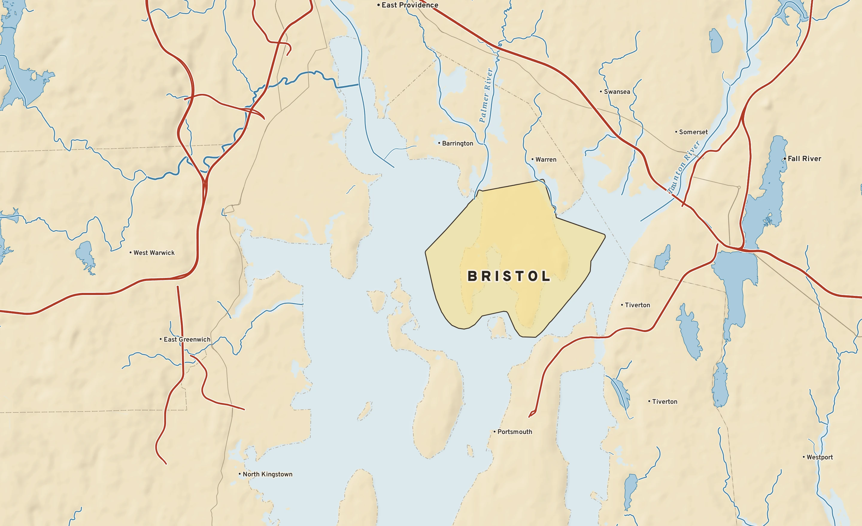 Shaded-relief atlas plate of Bristol, Rhode Island: rivers, roads, the city limits and where the water drains.