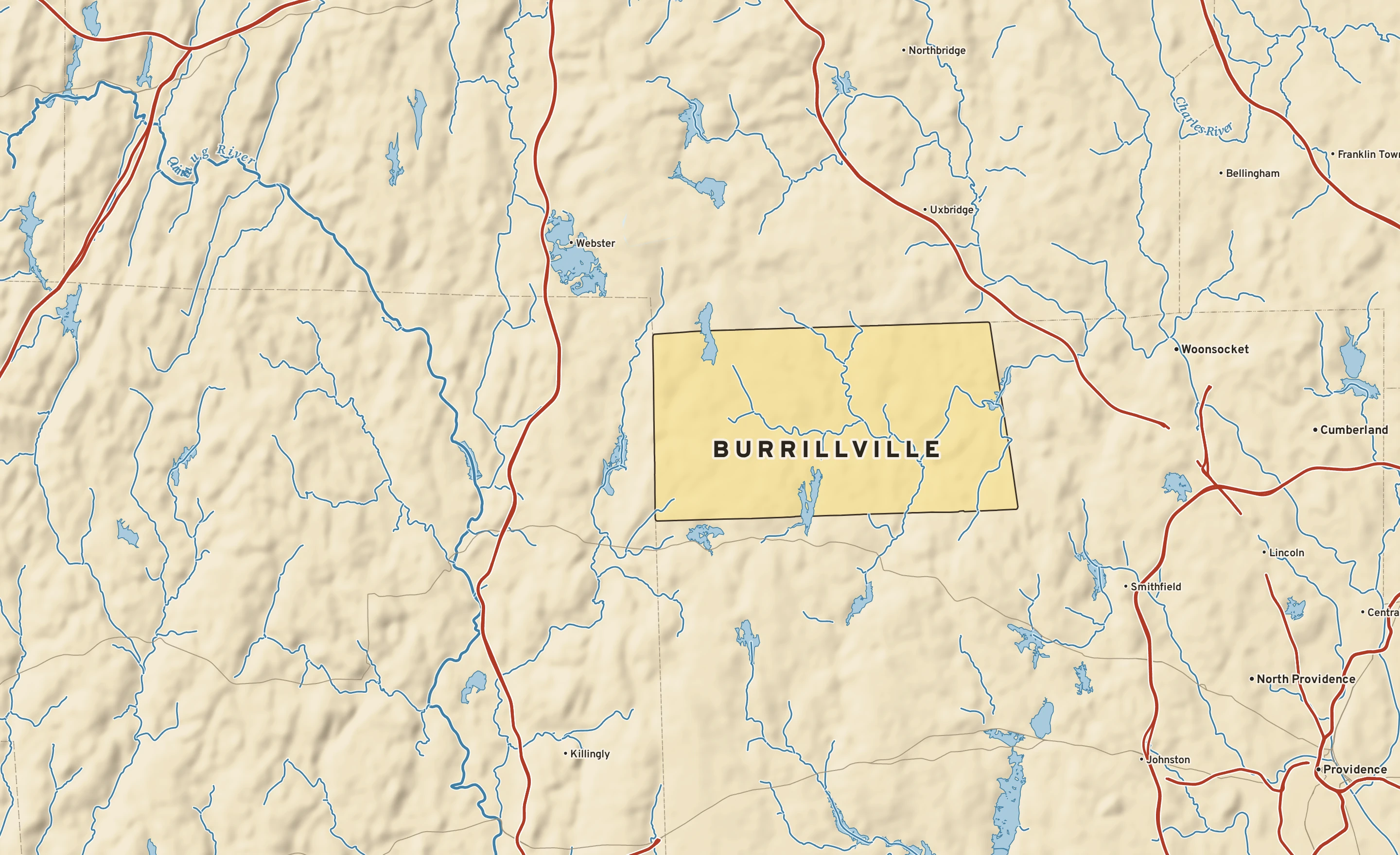Shaded-relief atlas plate of Burrillville, Rhode Island: rivers, roads, the city limits and where the water drains.