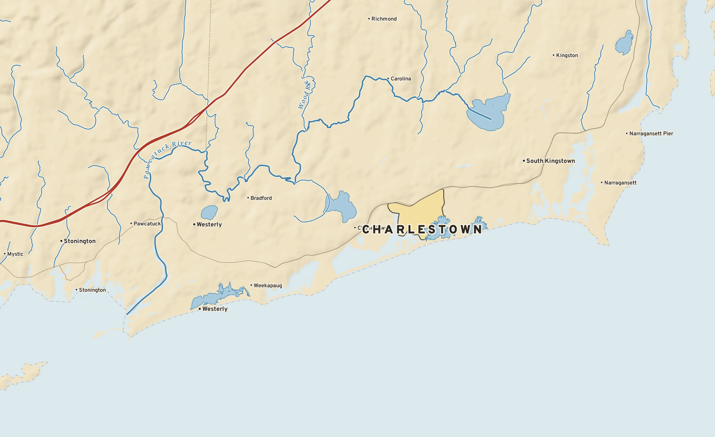 Shaded-relief atlas plate of Charlestown, Rhode Island: rivers, roads, the city limits and where the water drains.