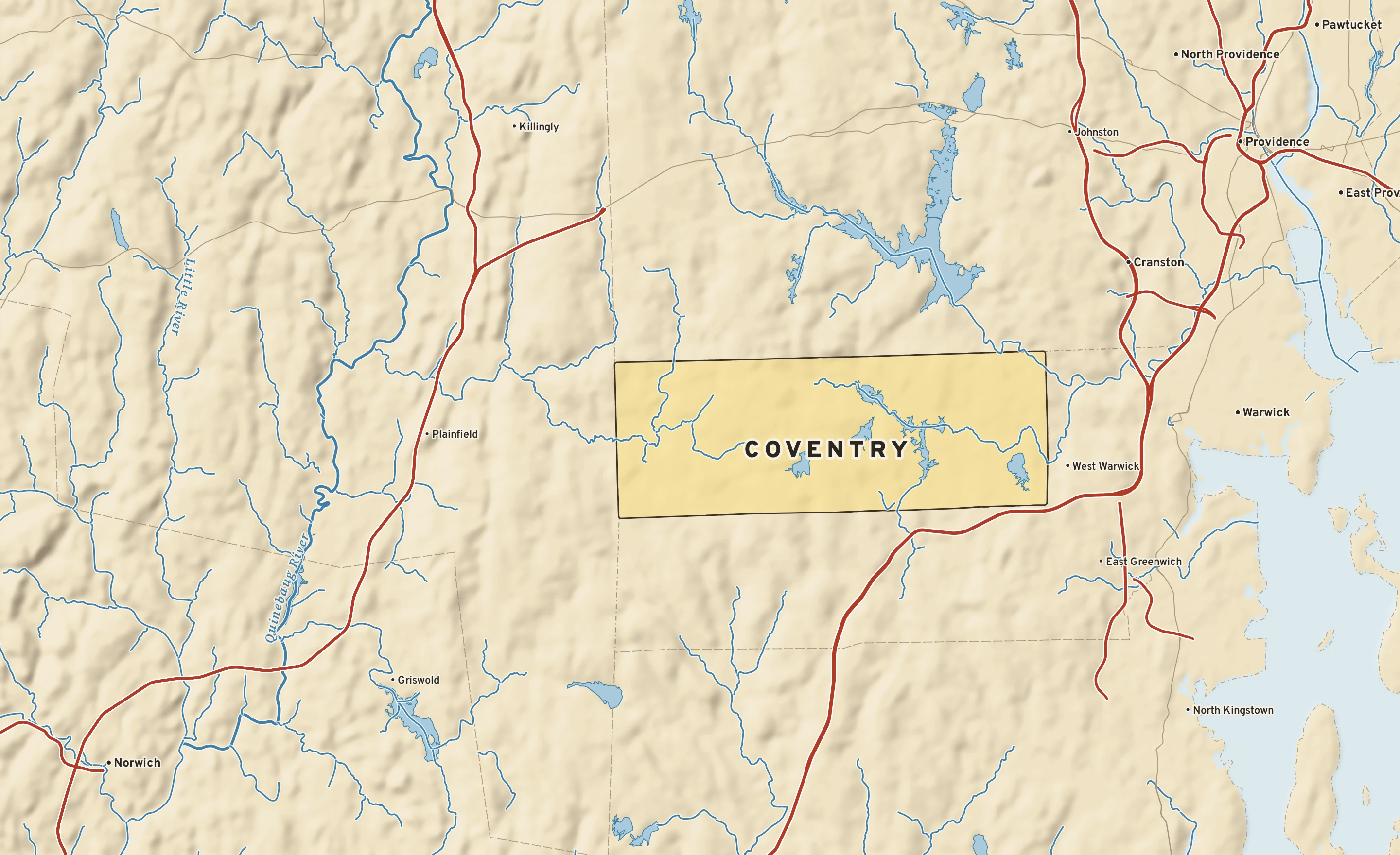 Shaded-relief atlas plate of Coventry, Rhode Island: rivers, roads, the city limits and where the water drains.