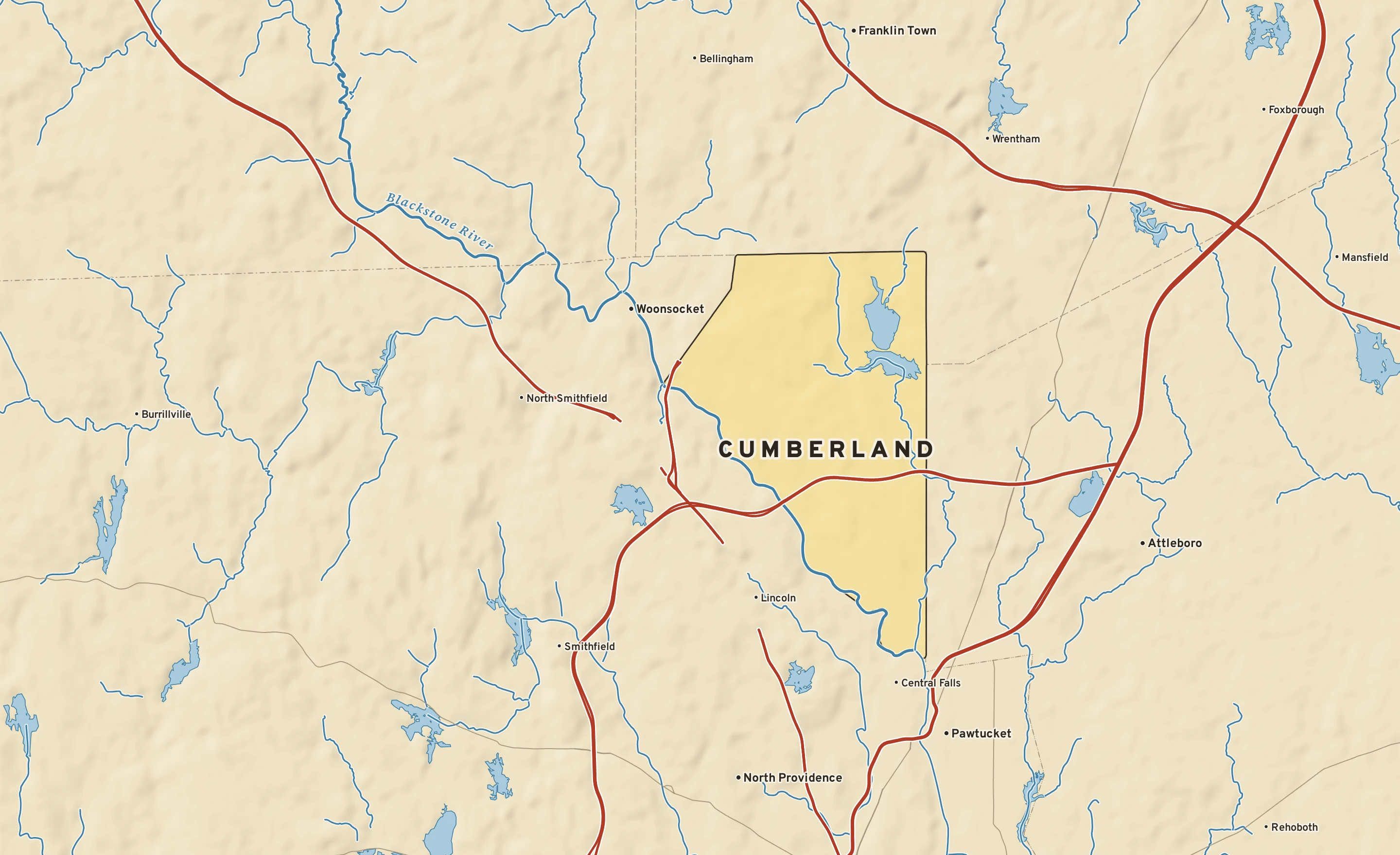 Shaded-relief atlas plate of Cumberland, Rhode Island: rivers, roads, the city limits and where the water drains.