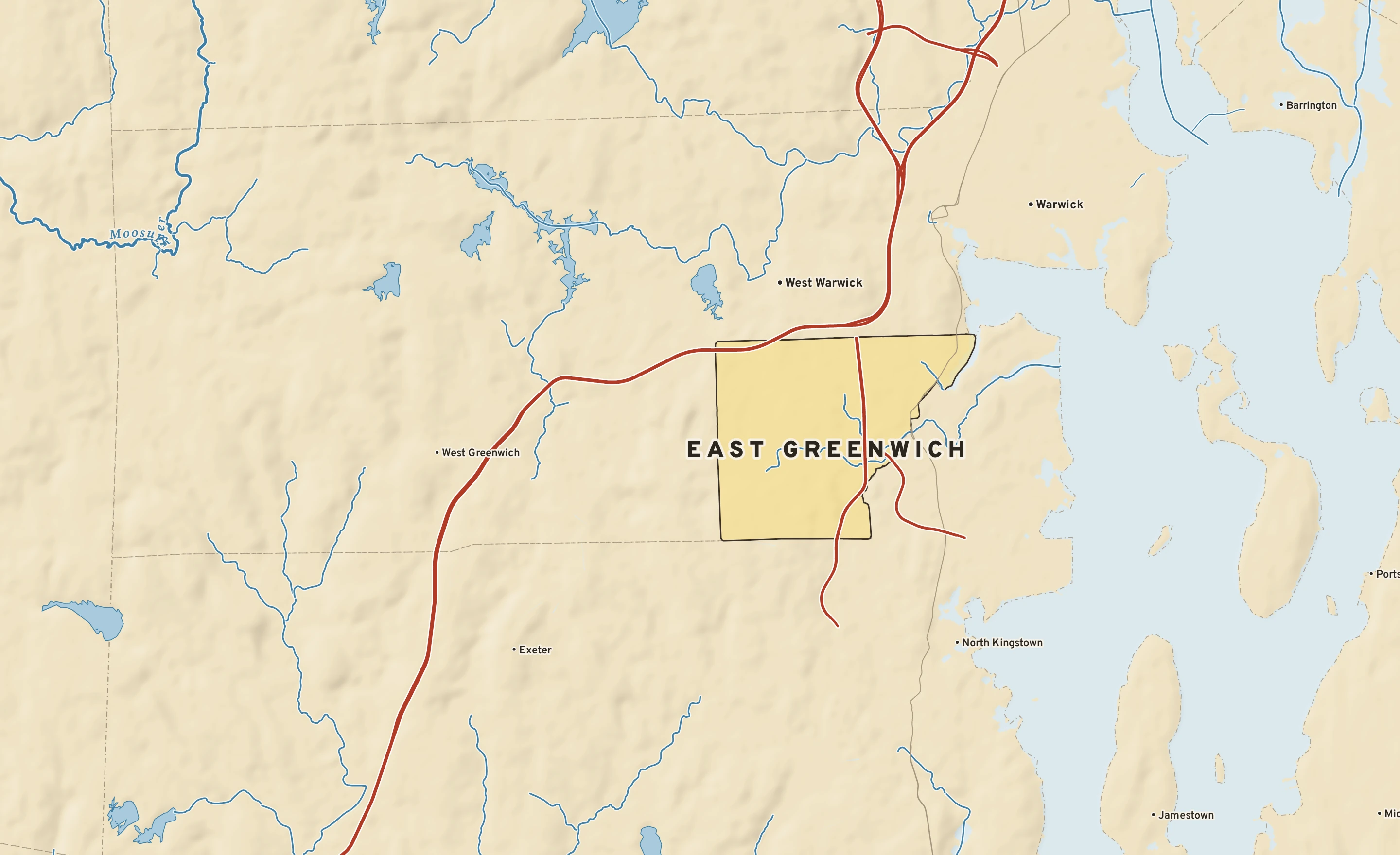 Shaded-relief atlas plate of East Greenwich, Rhode Island: rivers, roads, the city limits and where the water drains.