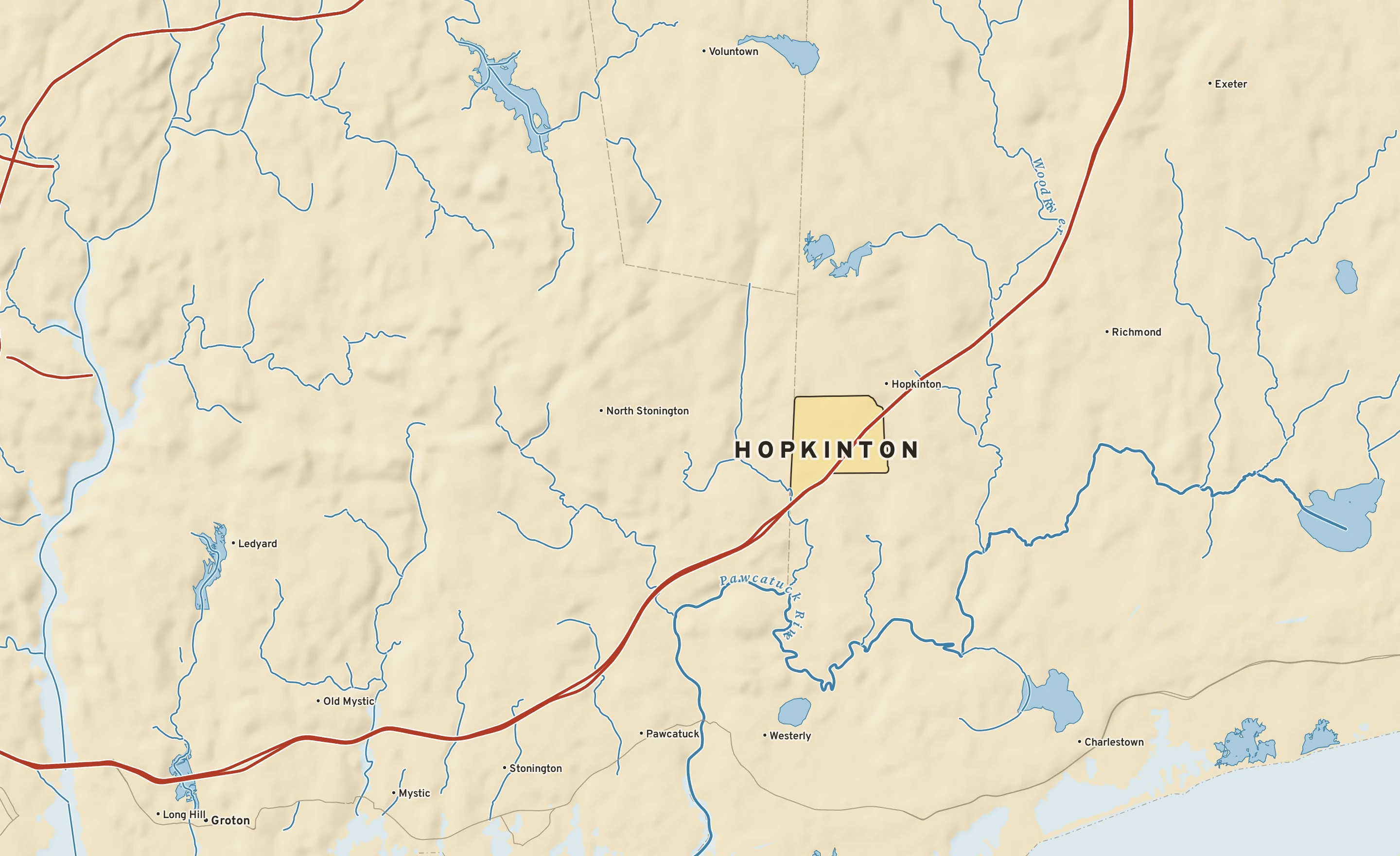 Shaded-relief atlas plate of Hopkinton, Rhode Island: rivers, roads, the city limits and where the water drains.