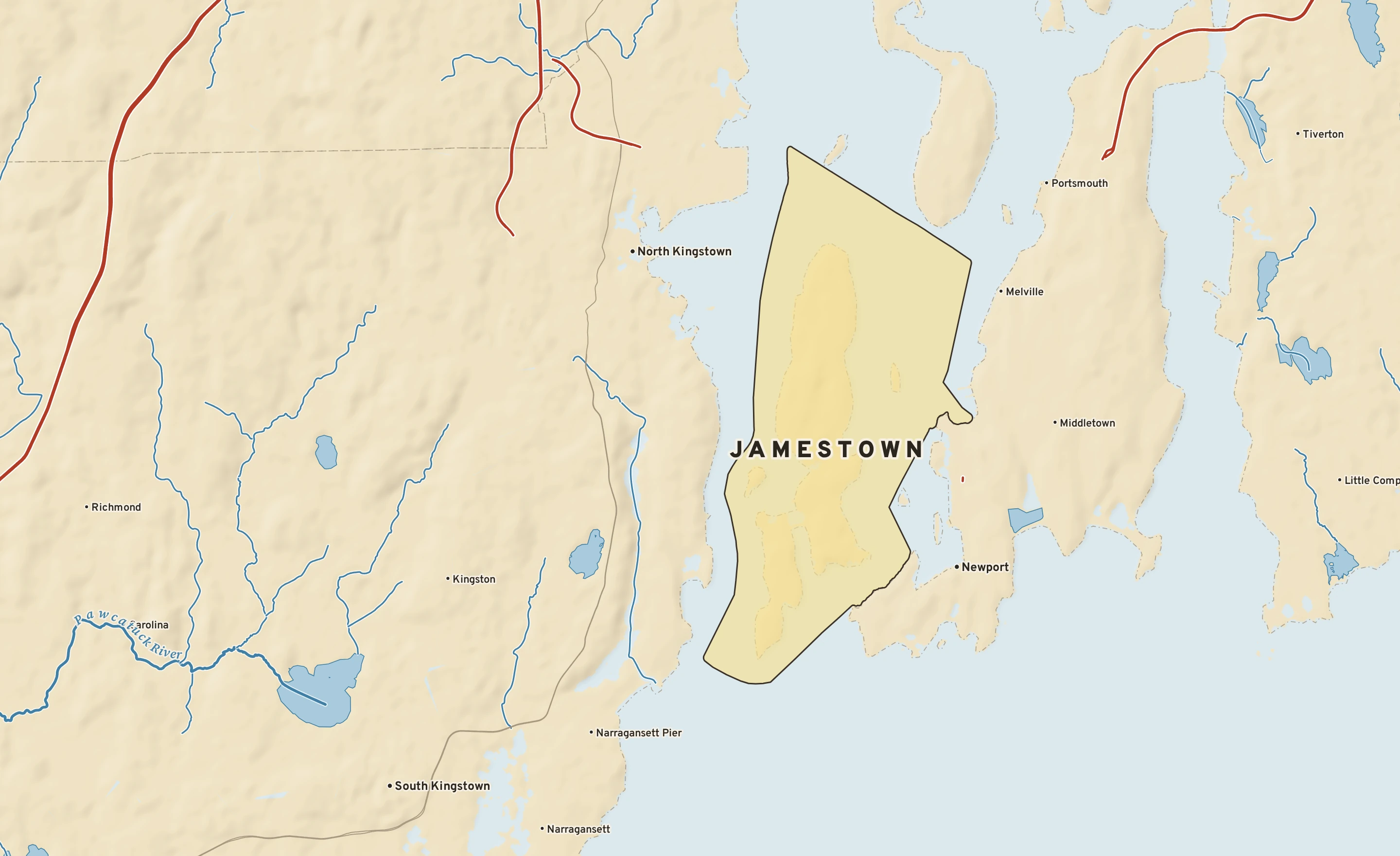 Shaded-relief atlas plate of Jamestown, Rhode Island: rivers, roads, the city limits and where the water drains.