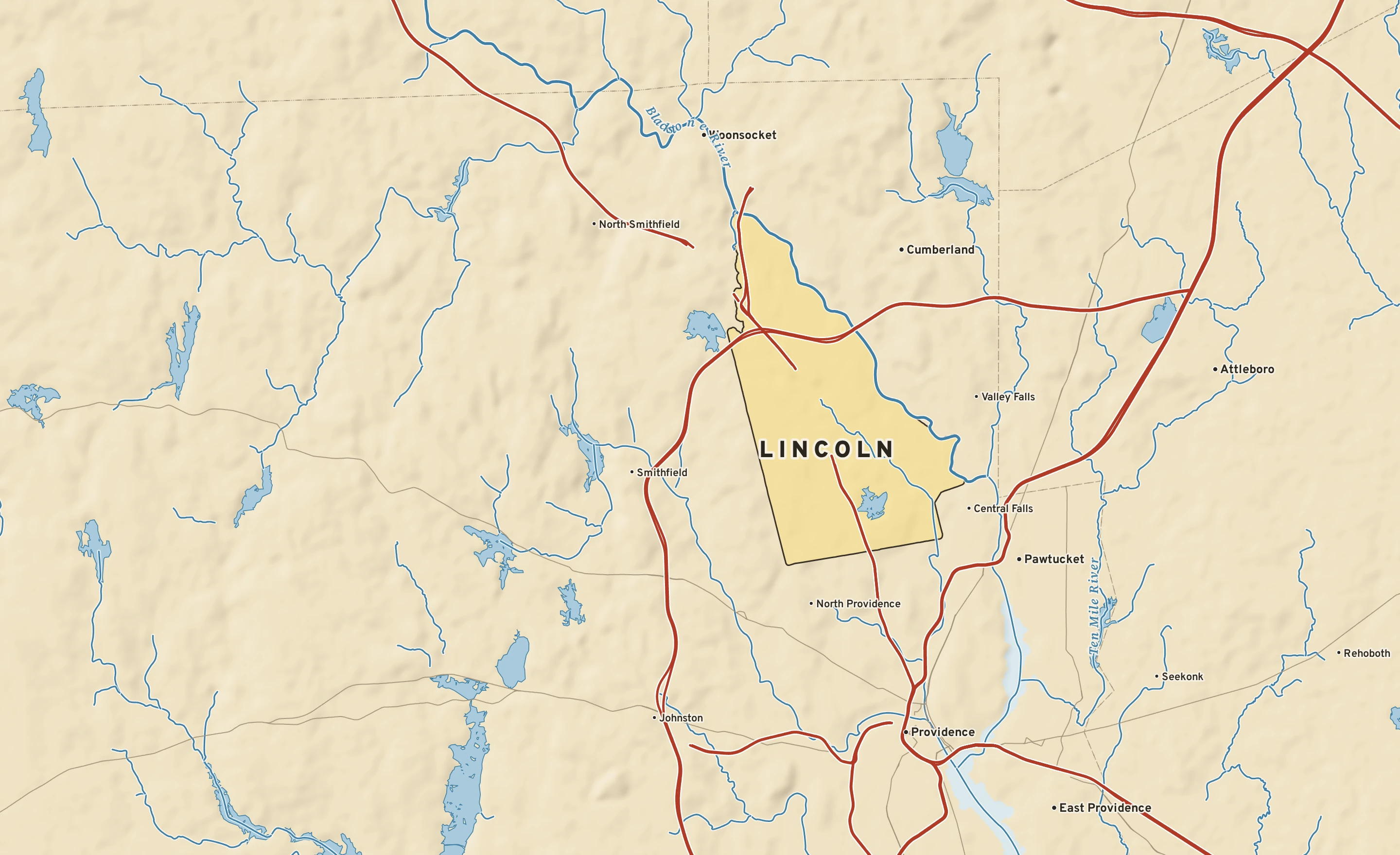 Shaded-relief atlas plate of Lincoln, Rhode Island: rivers, roads, the city limits and where the water drains.
